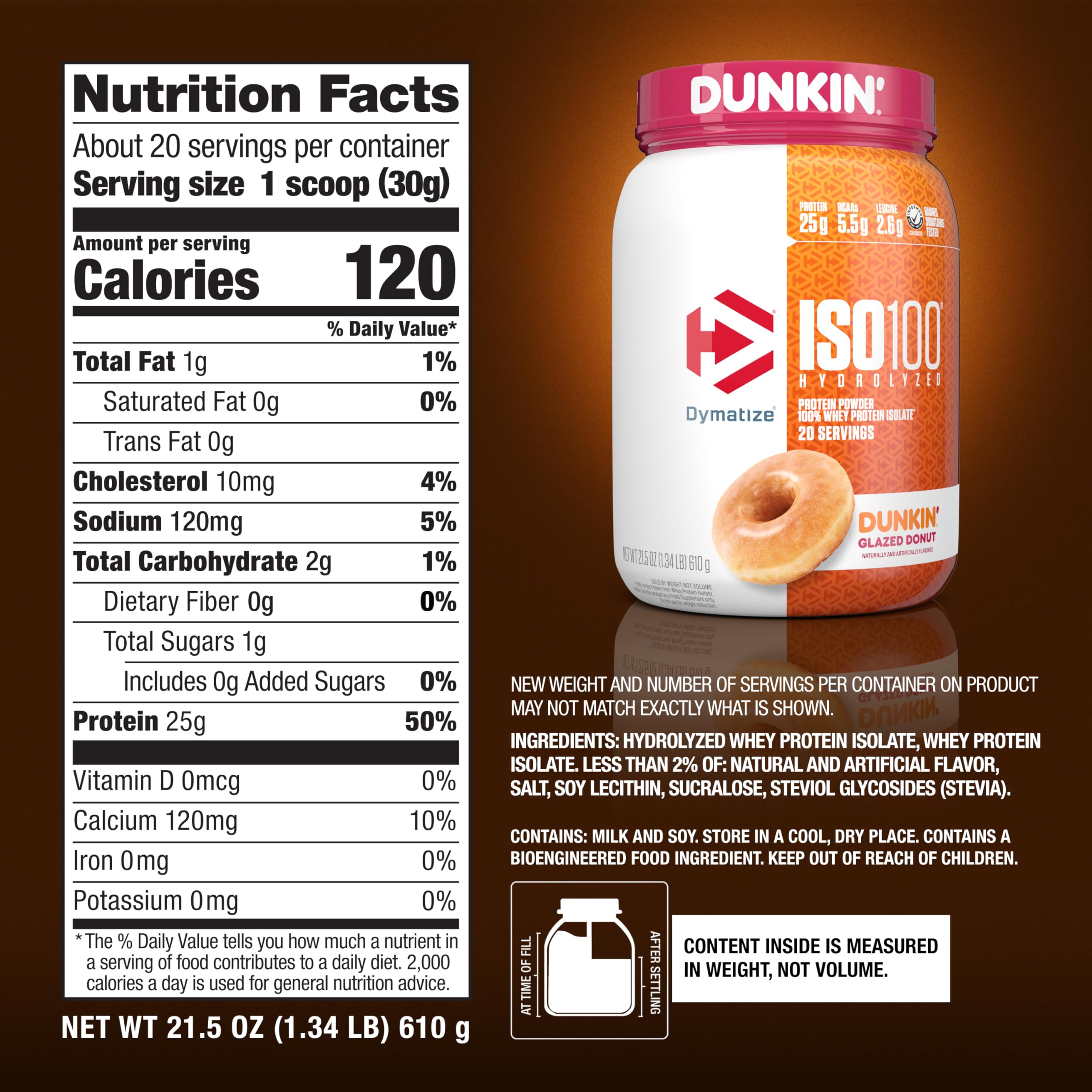 Dymatize detalle de la etiqueta nutricional destacando proteínas y BCAA