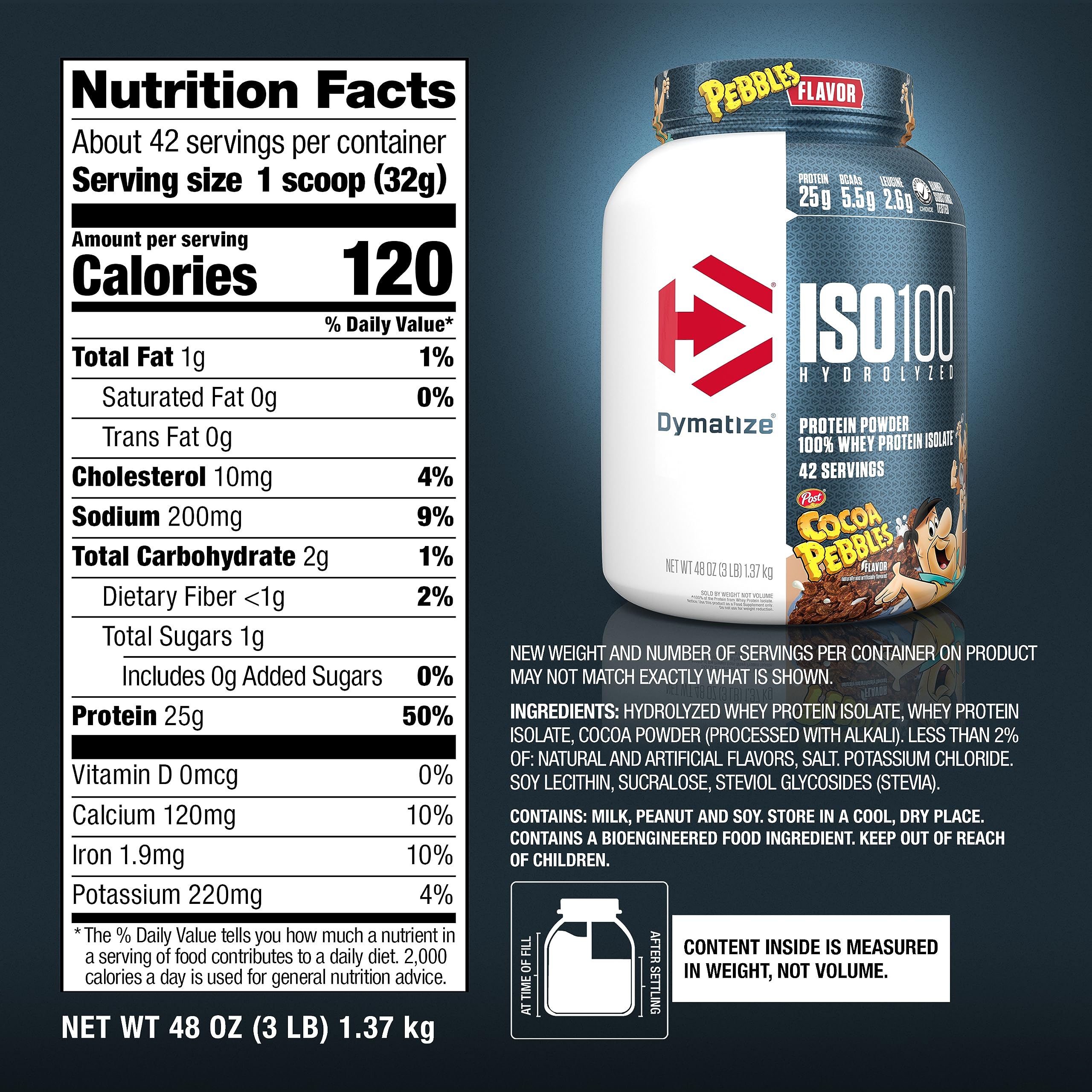 Dymatize etiqueta nutricional con información de proteína por porción