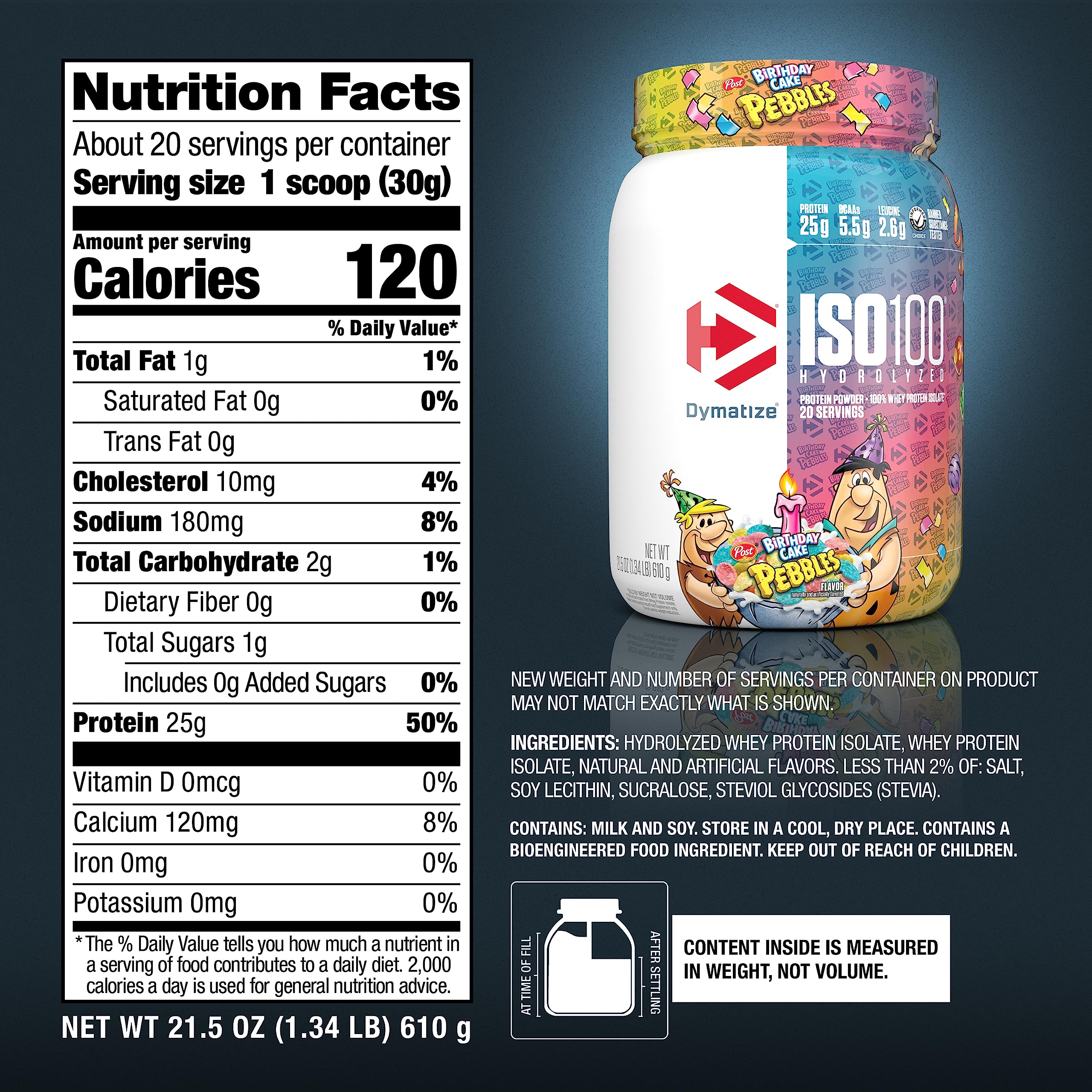 Detalle de etiqueta nutricional Dymatize ISO100 destacando 25 g de proteína