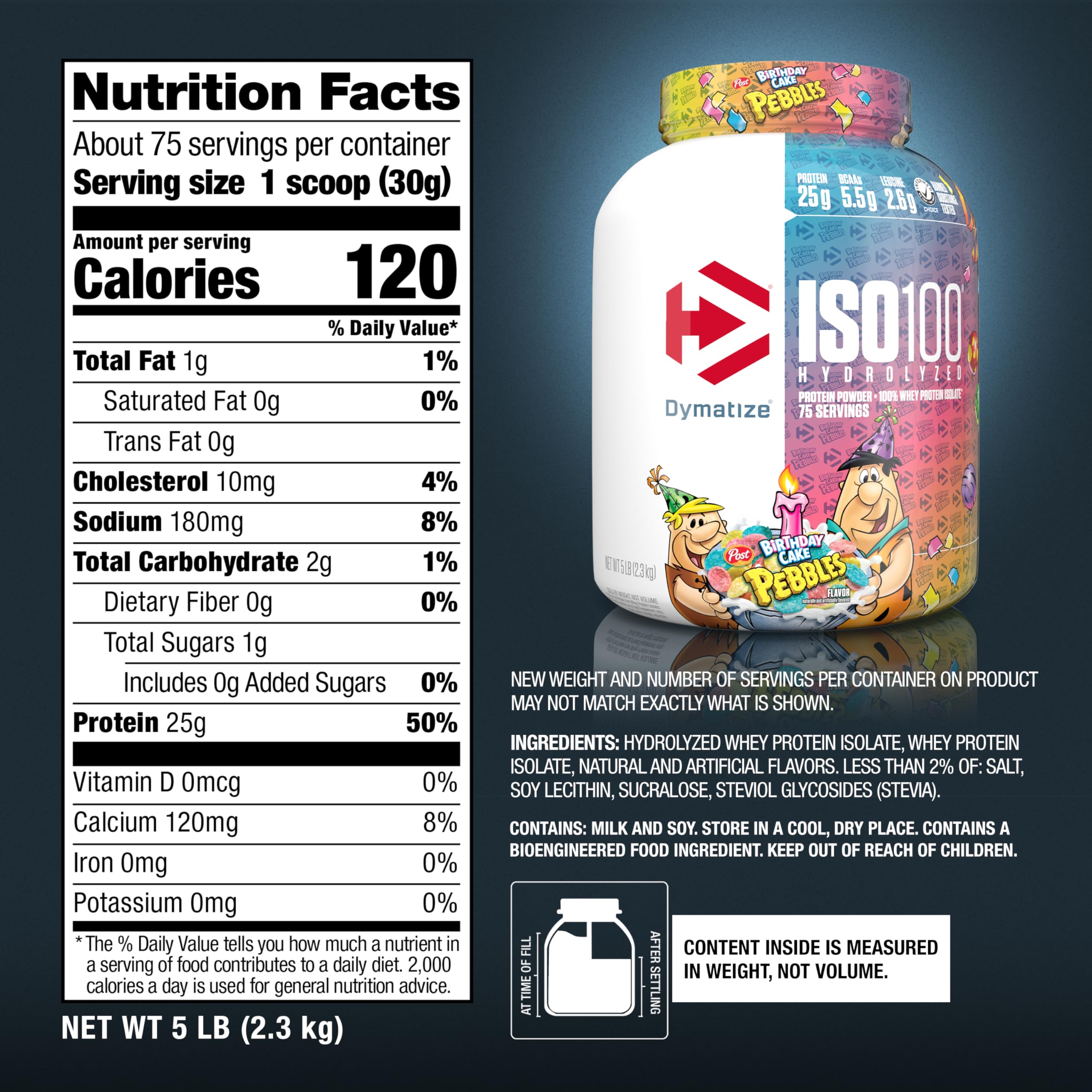 Dymatize ISO100 etiqueta nutricional destacando bajo azúcar y BCAA por porción
