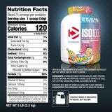 Dymatize ISO100 etiqueta nutricional destacando bajo azúcar y BCAA por porción