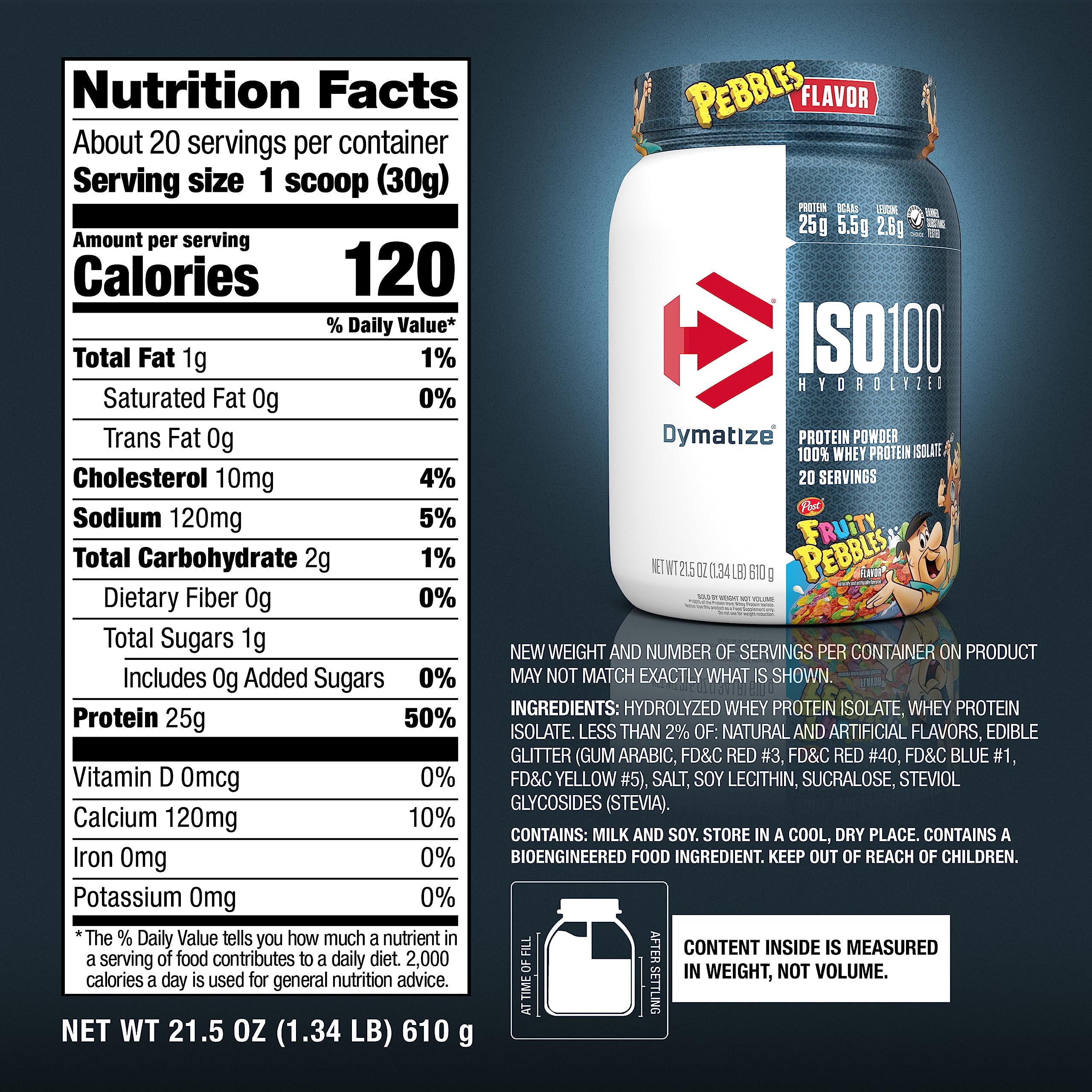 Dymatize ISO100 etiqueta nutricional enfocada en macros y contenido de BCAA