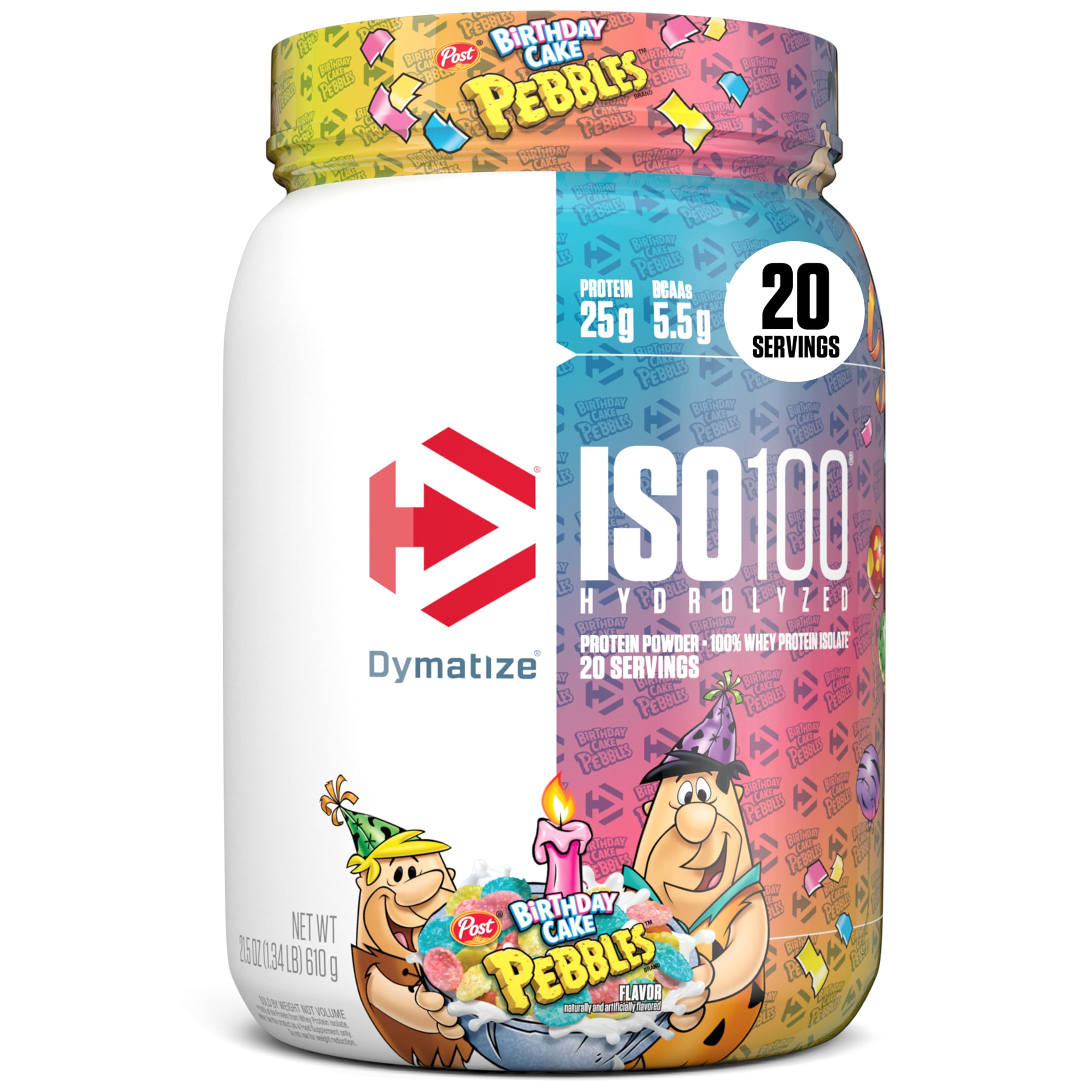 Dymatize ISO100 frente del envase mostrando sabor Birthday Cake y conveniencia