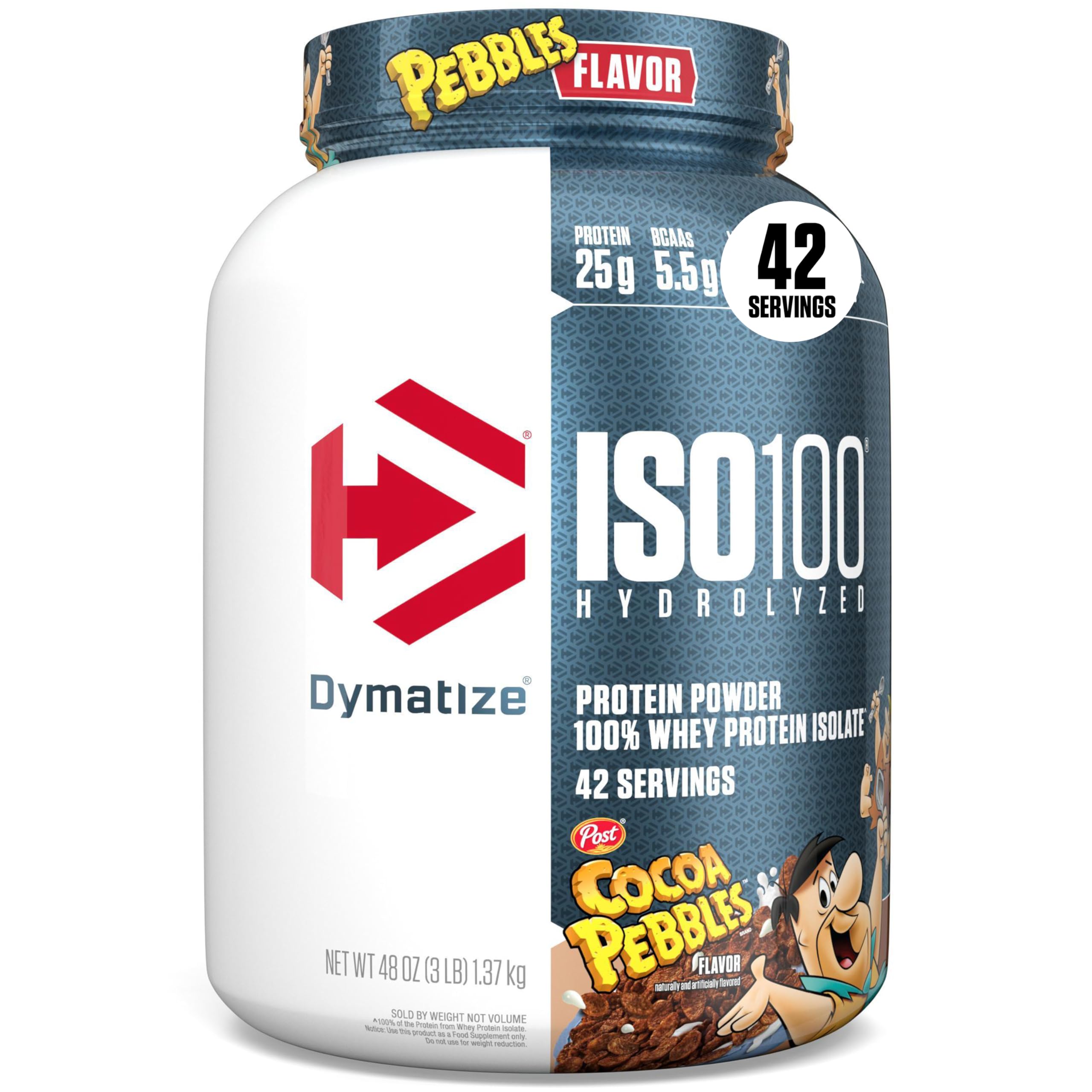Dymatize envase frontal Cocoa Pebbles mostrando sabor y tamaño