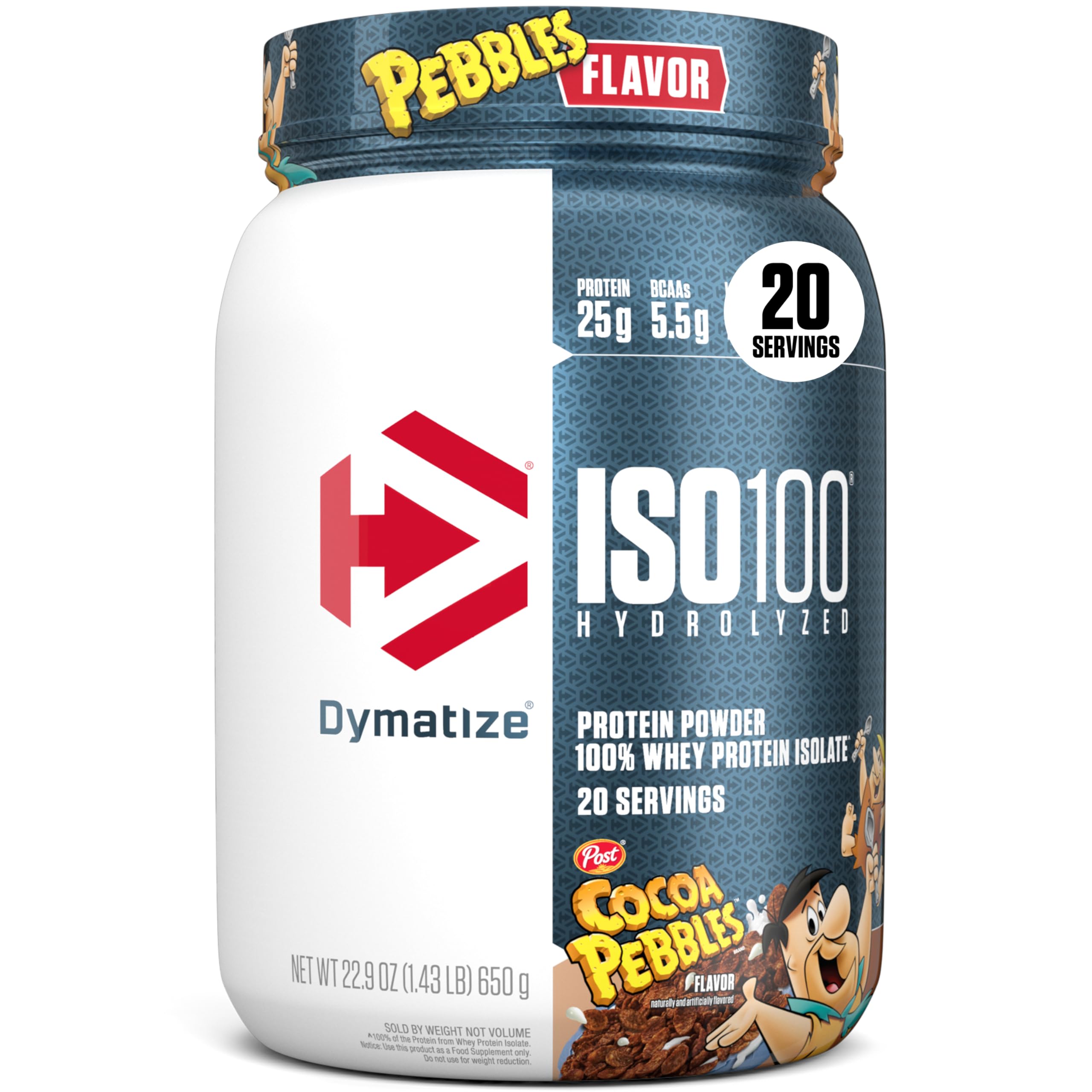 Dymatize ISO100 envase frontal Cocoa Pebbles mostrando pureza y marca