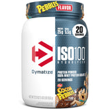 Dymatize ISO100 envase frontal Cocoa Pebbles mostrando pureza y marca