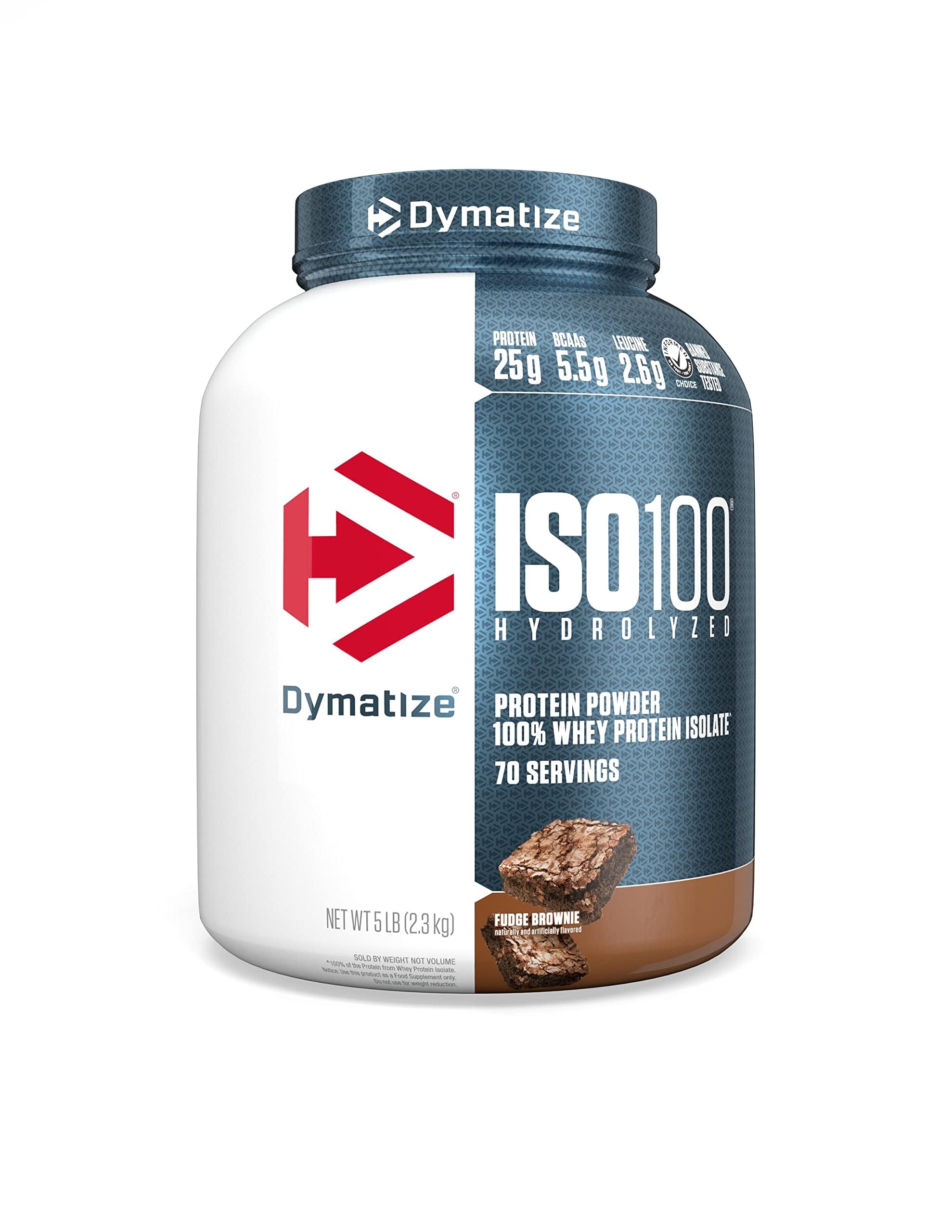 Dymatize envase frontal Fudge Brownie mostrando diseño y beneficios
