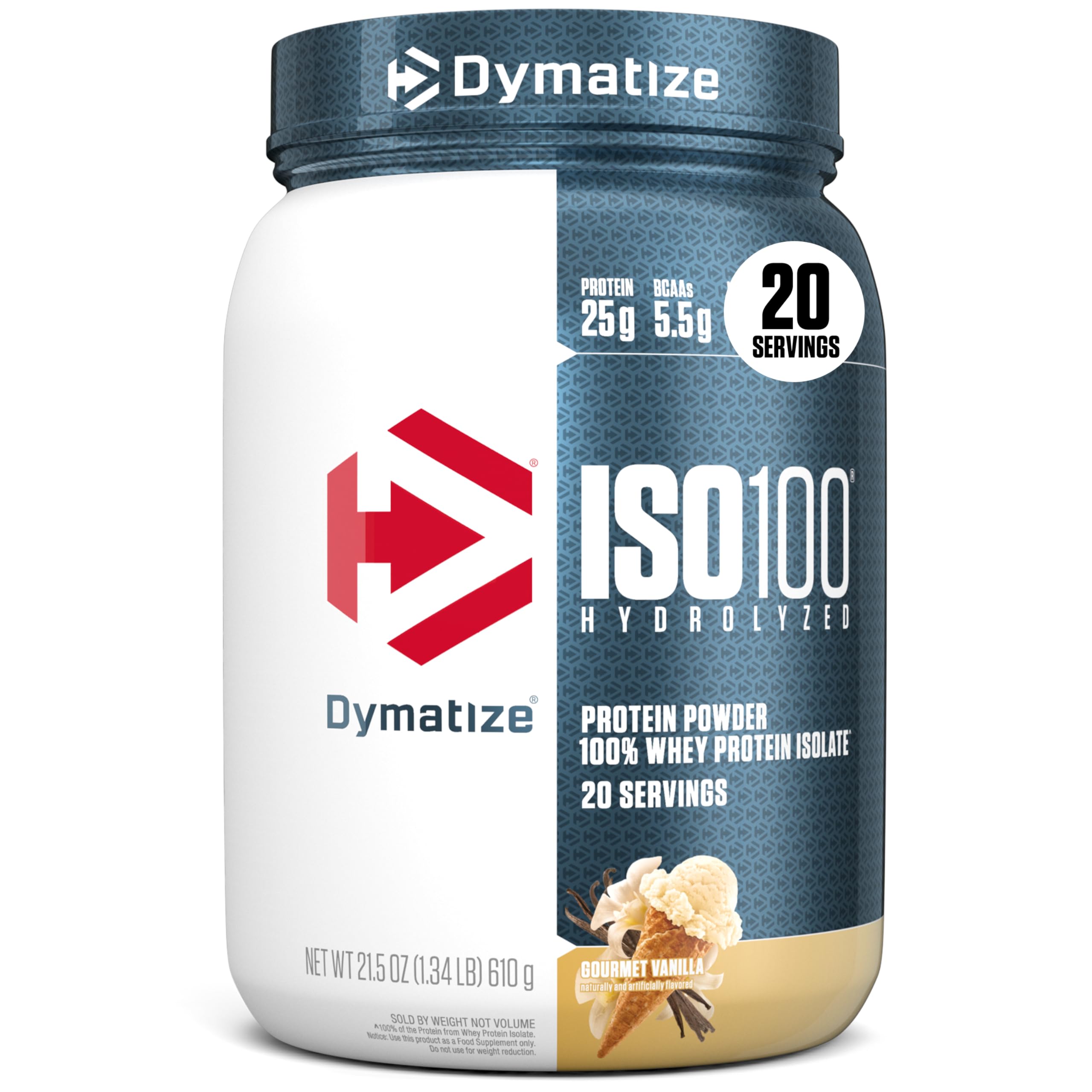 Dymatize ISO100 envase frontal mostrando diseño y beneficio de proteína pura