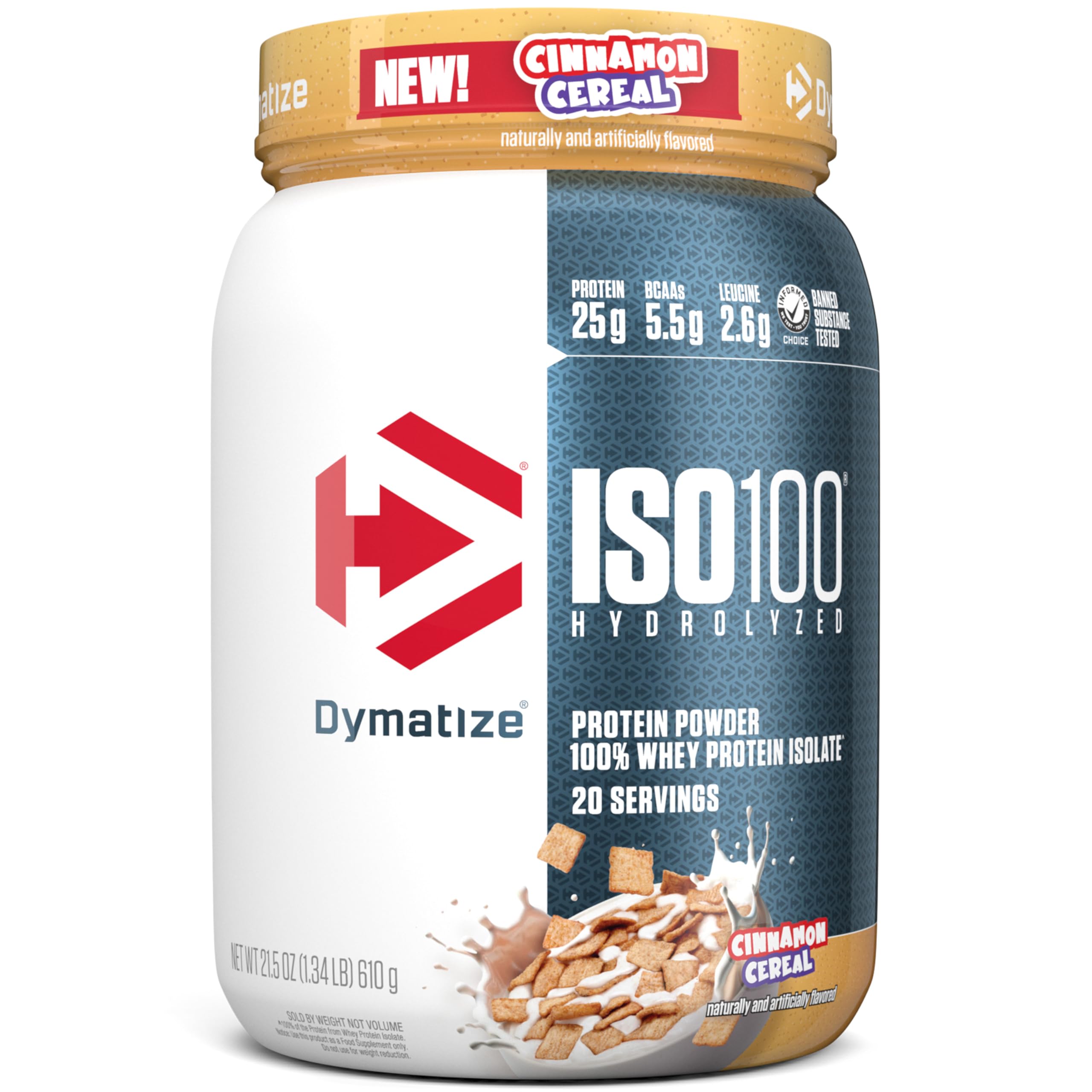 Dymatize bote frontal mostrando etiqueta y sabor Cinnamon Cereal, atractivo y claro