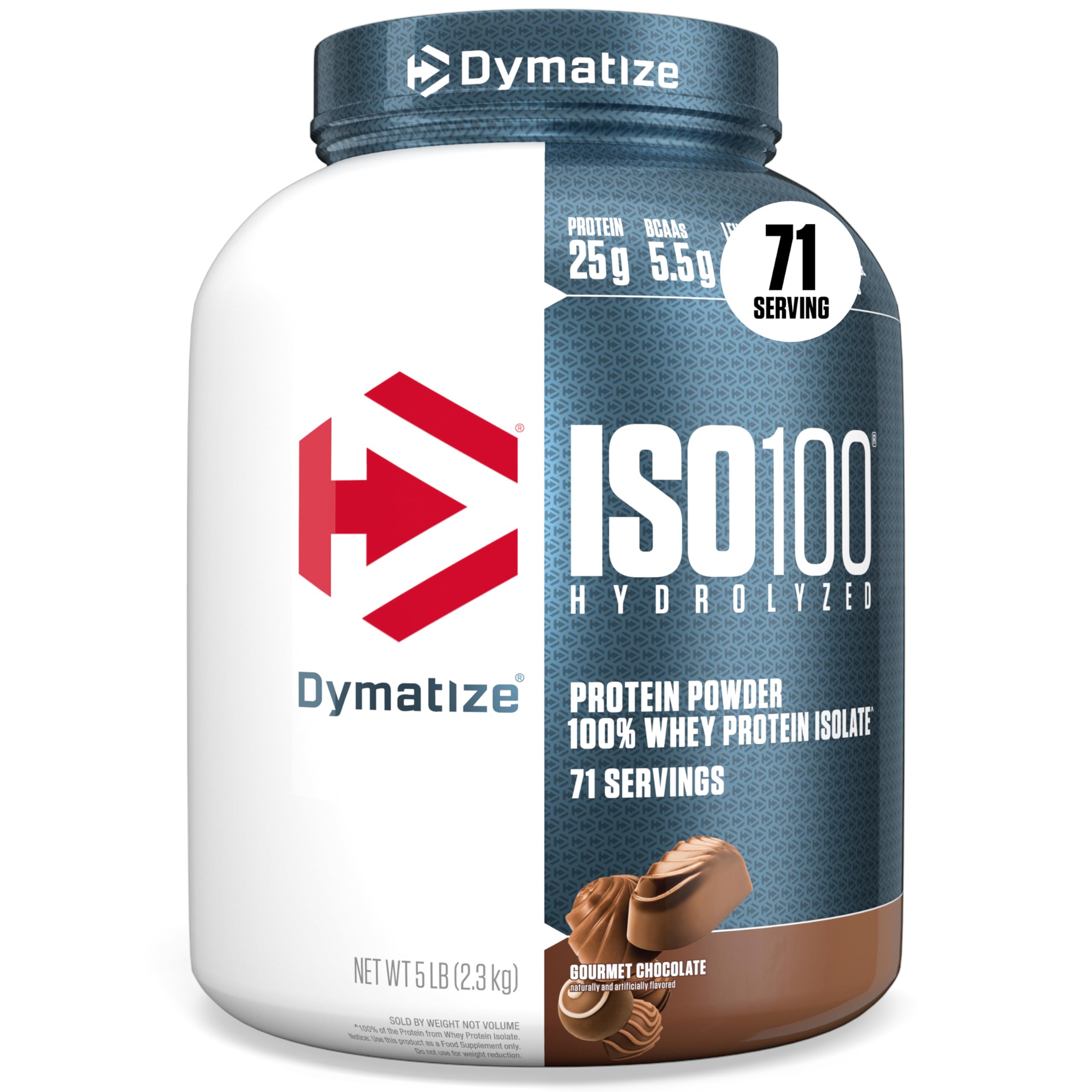 Dymatize envase frontal mostrando sabor chocolate y beneficio de pureza