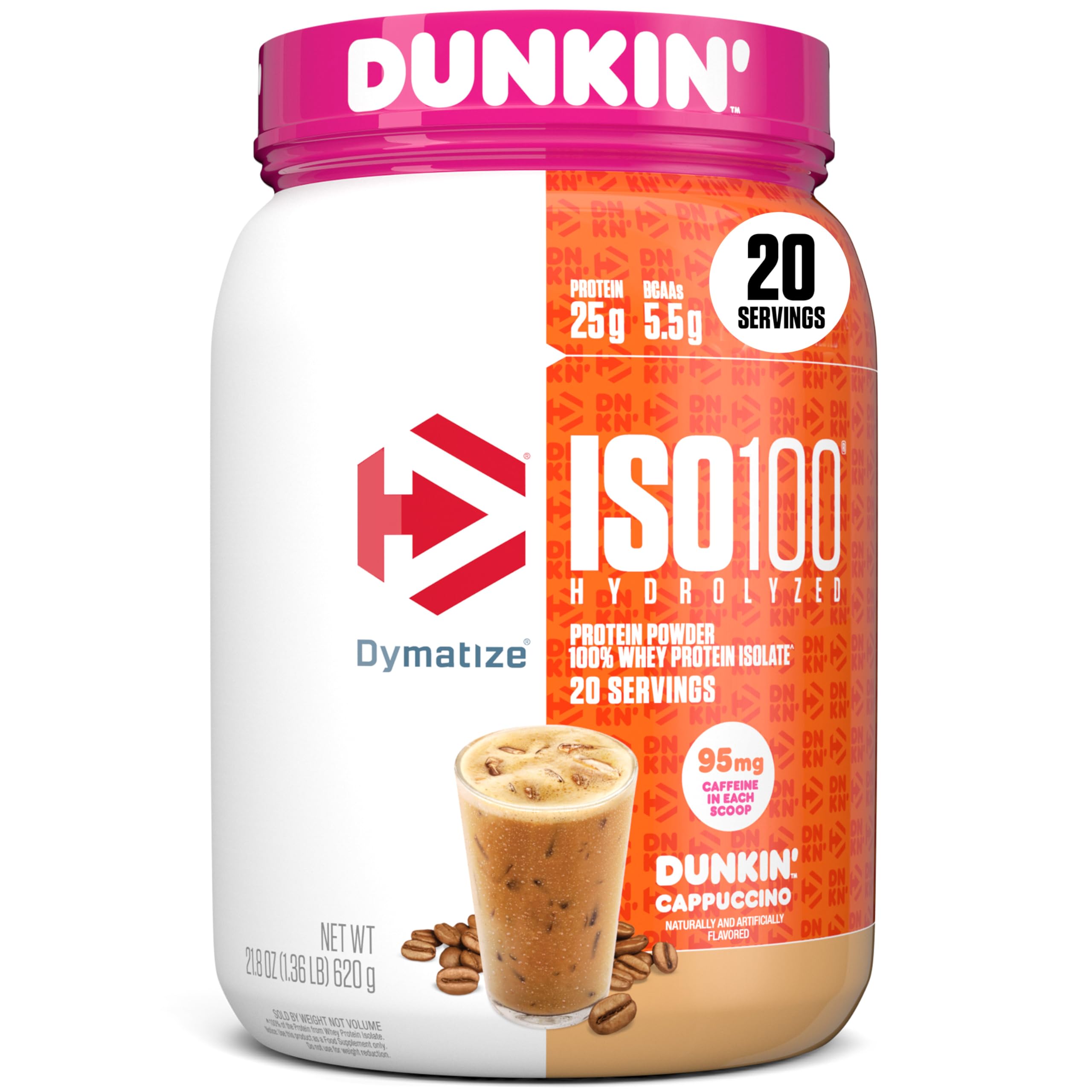 Dymatize envase frontal mostrando marca y sabor cappuccino para elección clara