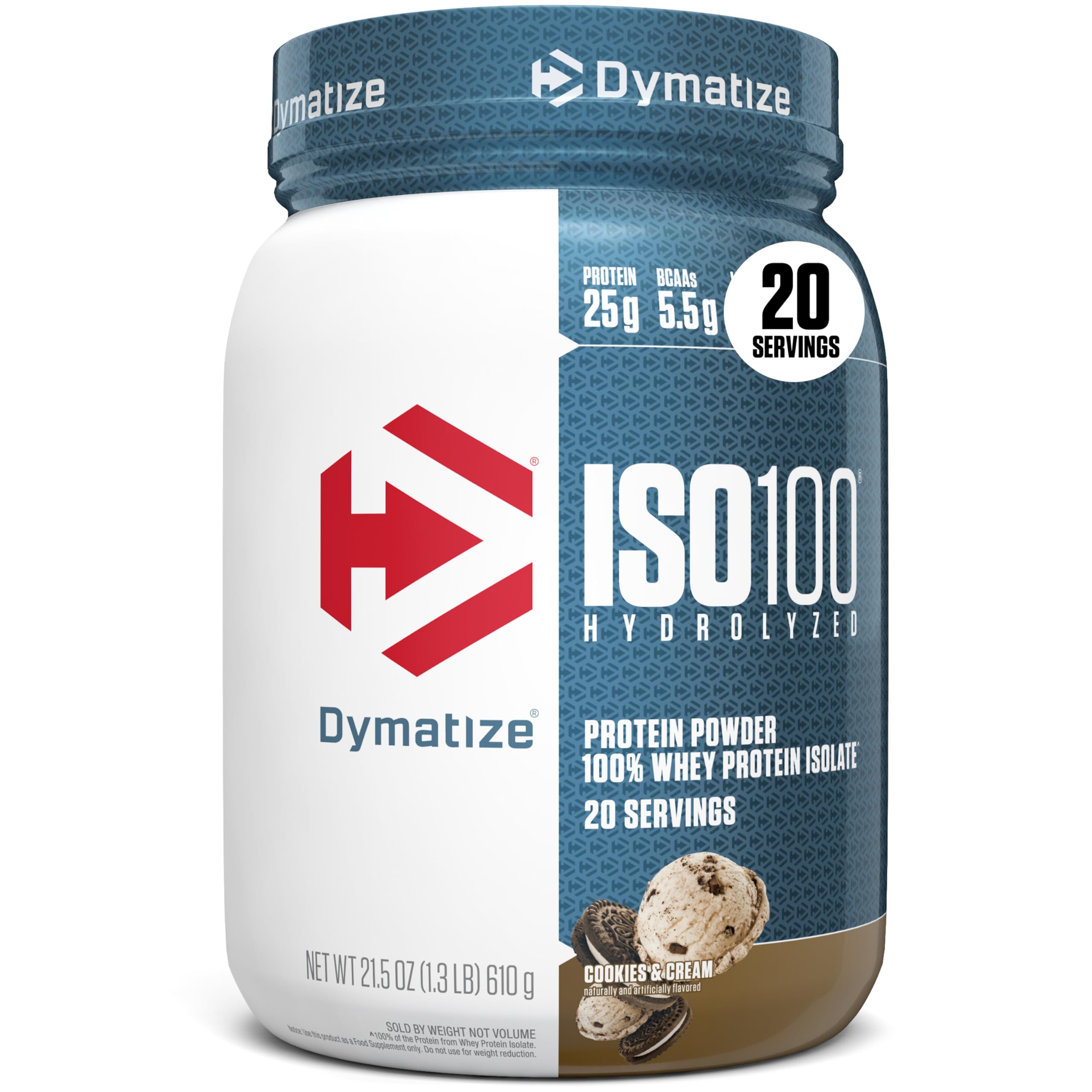 Dymatize ISO100 frente del envase mostrando diseño y sabor Cookies & Cream beneficioso