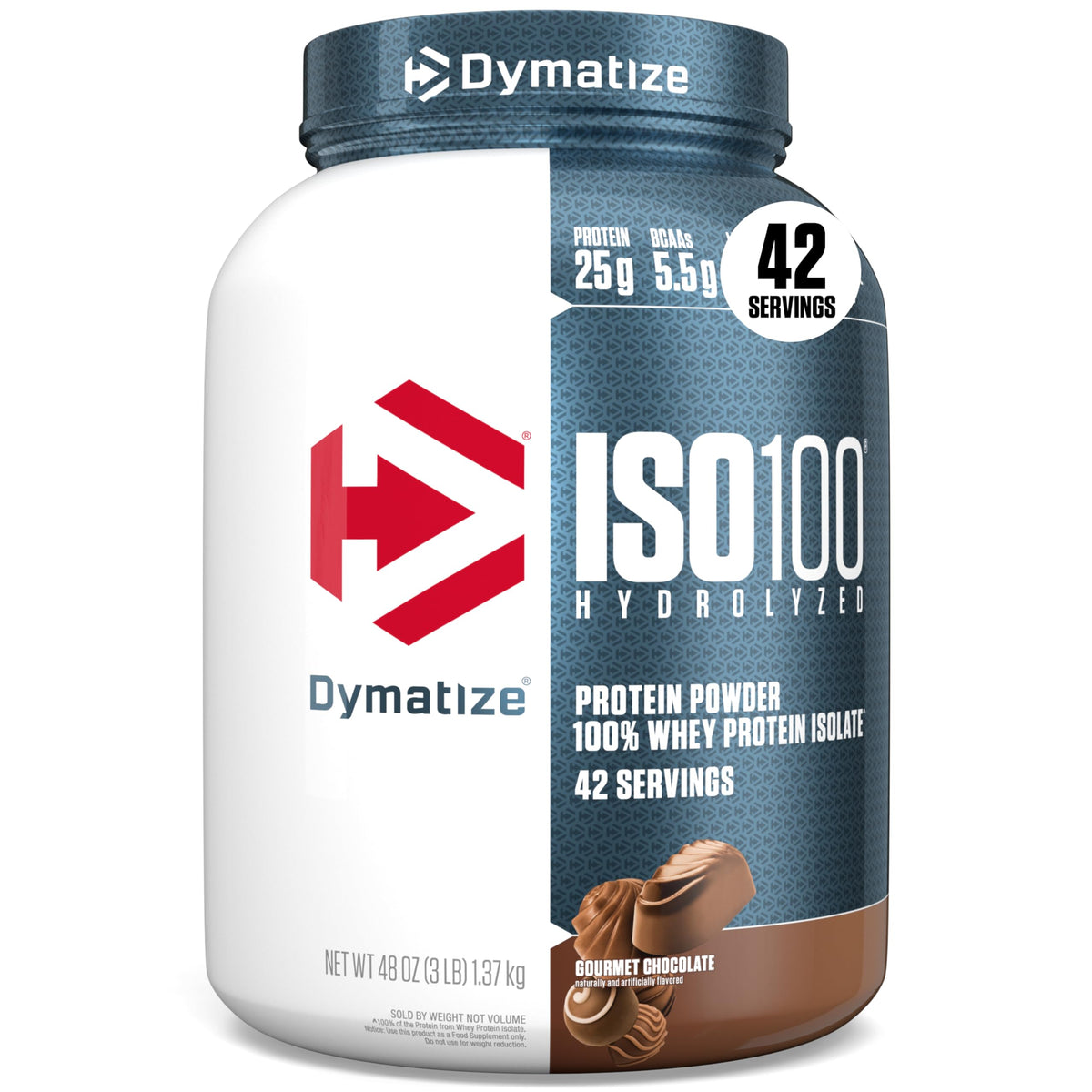 Dymatize ISO100 frente del envase mostrando diseño y beneficio de pureza