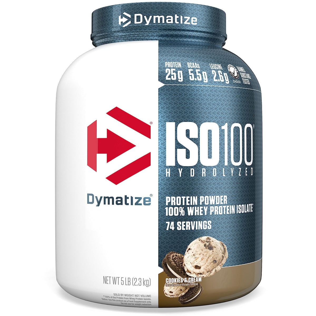 Dymatize ISO100 frontal del envase Cookies & Cream mostrando presentación clara y beneficios