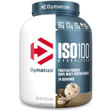Dymatize ISO100 frontal del envase Cookies & Cream mostrando presentación clara y beneficios