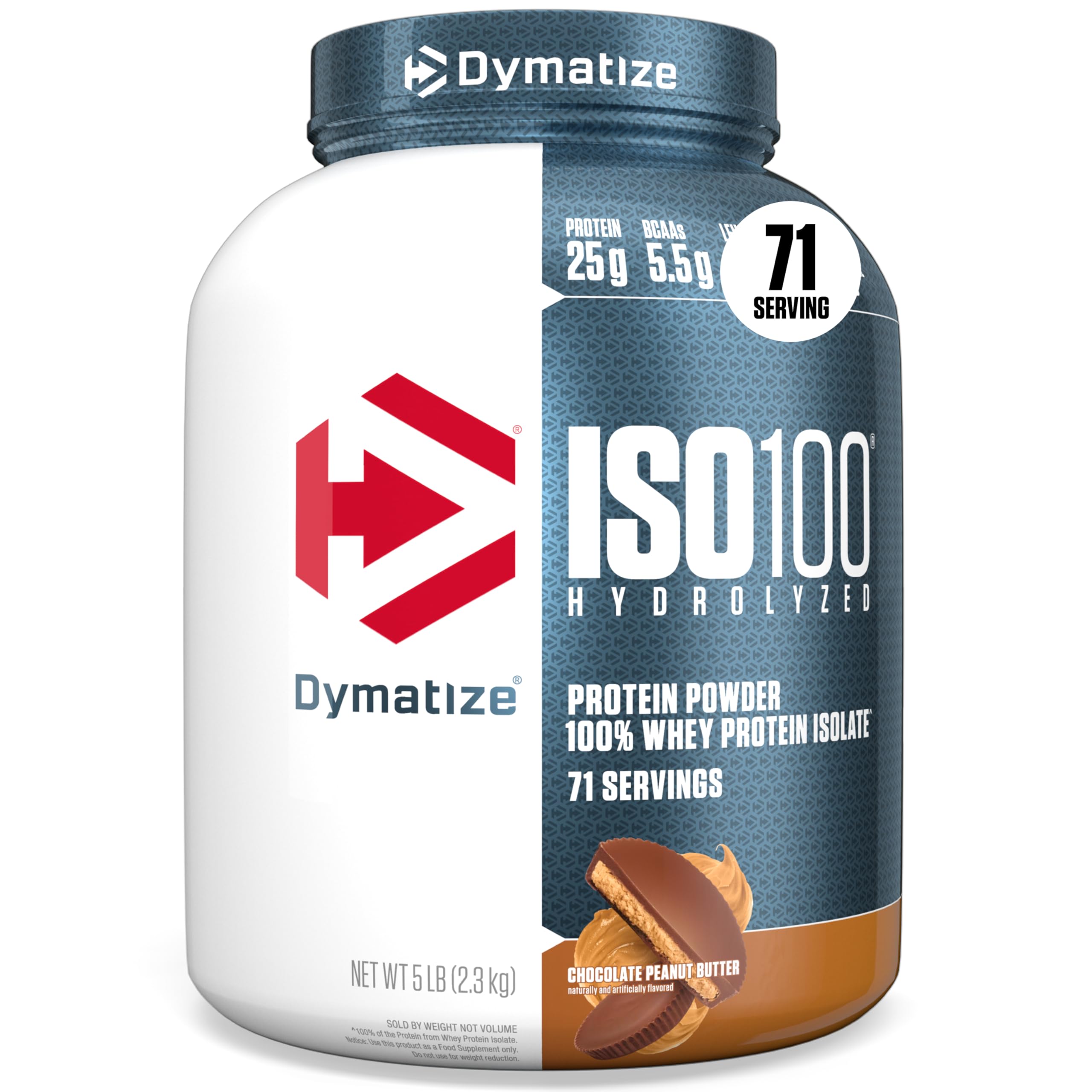 Dymatize ISO100 frontal del envase mostrando sabor y beneficio de proteína pura