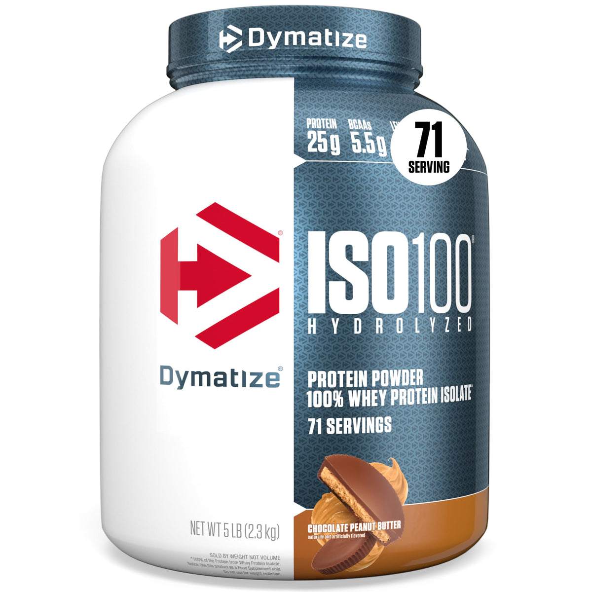 Dymatize ISO100 frontal del envase mostrando sabor y beneficio de proteína pura