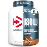 Dymatize ISO100 frontal del envase mostrando sabor y beneficio de proteína pura