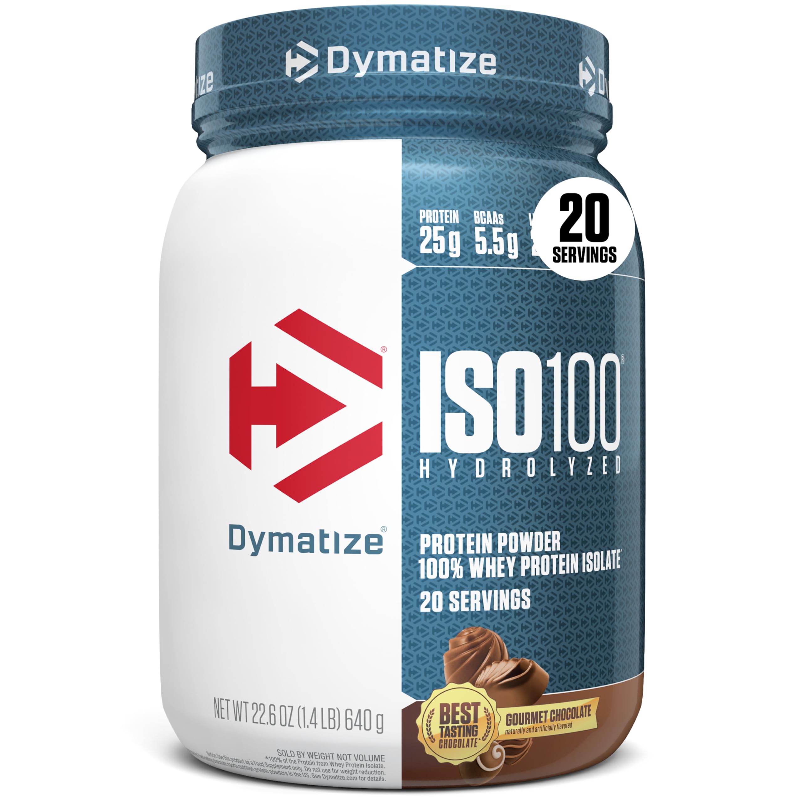 Dymatize ISO100 envase frontal mostrando diseño y beneficio de proteína alta