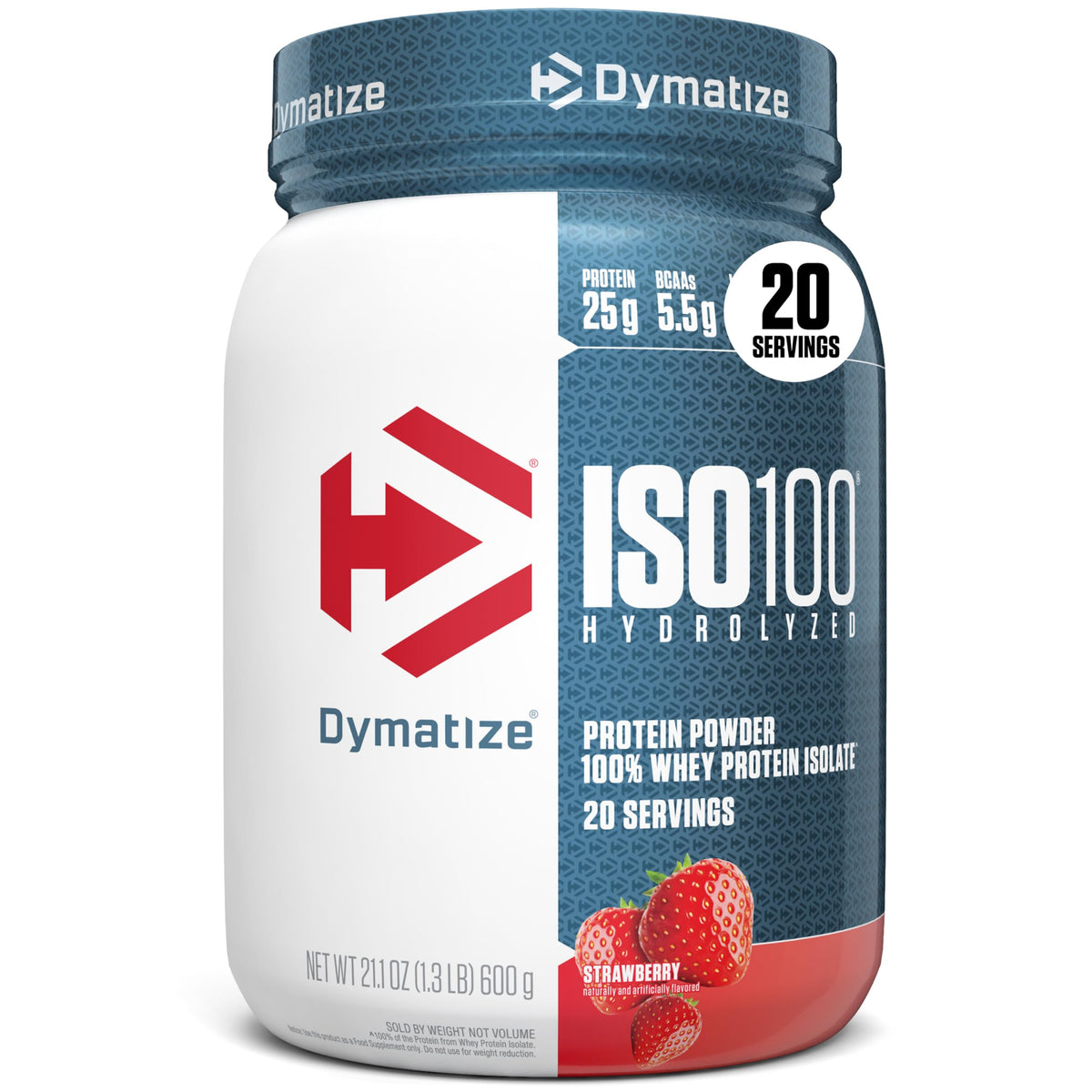 Dymatize ISO100 frontal del envase mostrando sabor fresa y beneficios