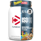 Dymatize ISO100 vista frontal del envase mostrando sabor Fruity Pebbles y beneficios
