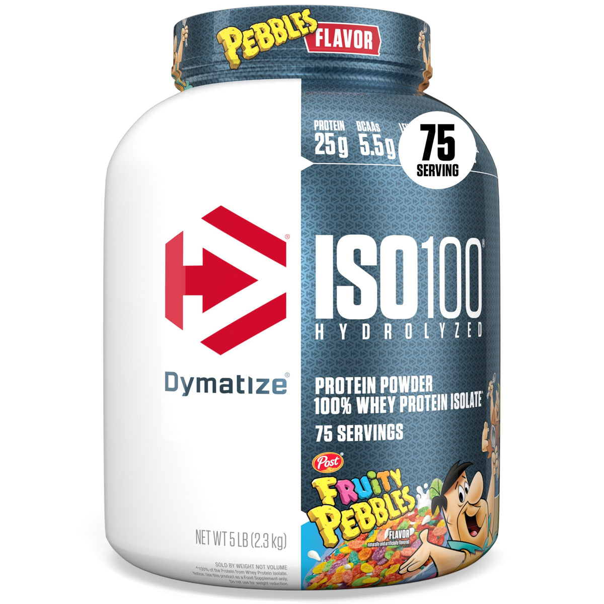 Dymatize envase frontal muestra sabor Fruity Pebbles y beneficios de proteína