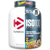 Dymatize envase frontal muestra sabor Fruity Pebbles y beneficios de proteína