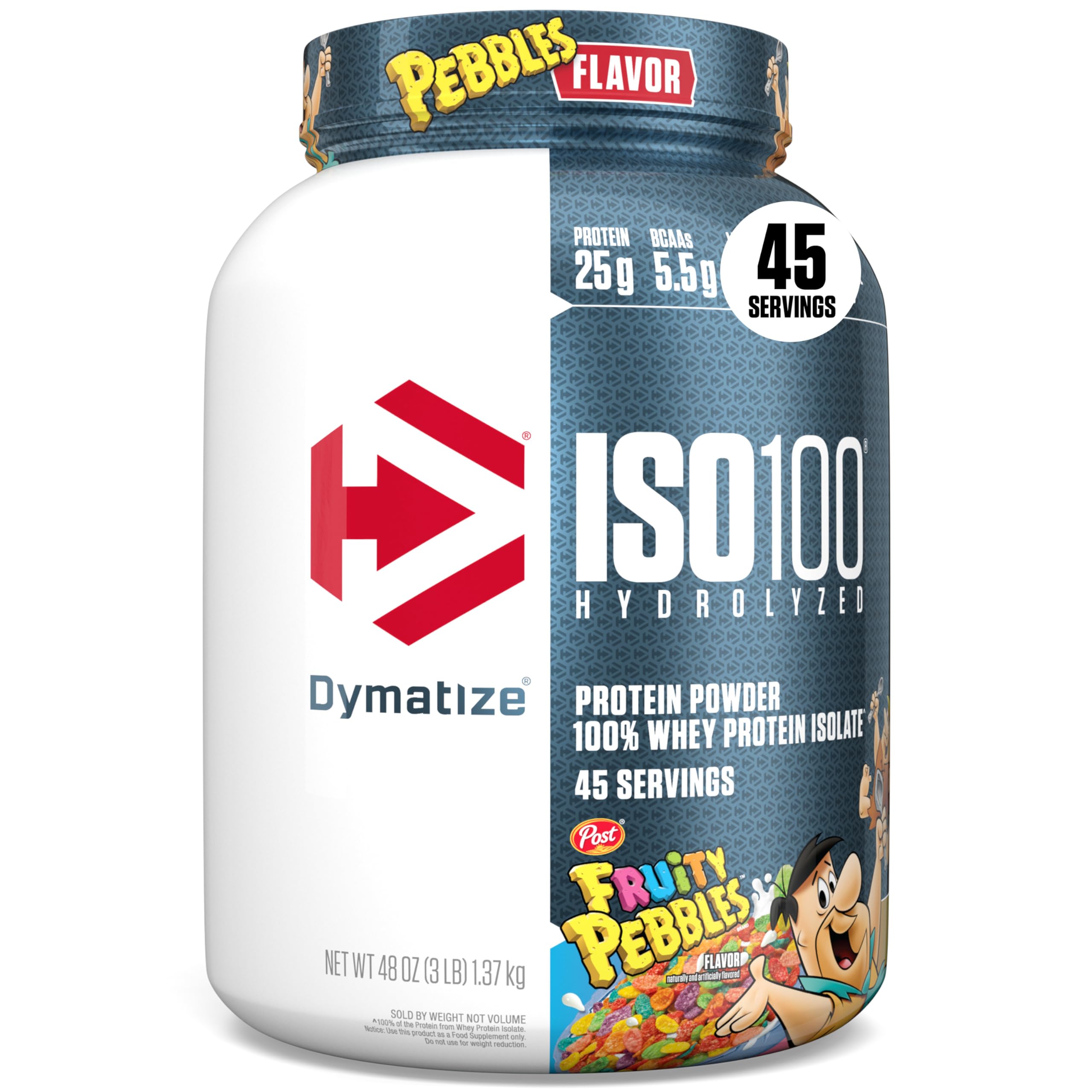 Dymatize ISO100 frente del envase mostrando la marca y el sabor Fruity Pebbles