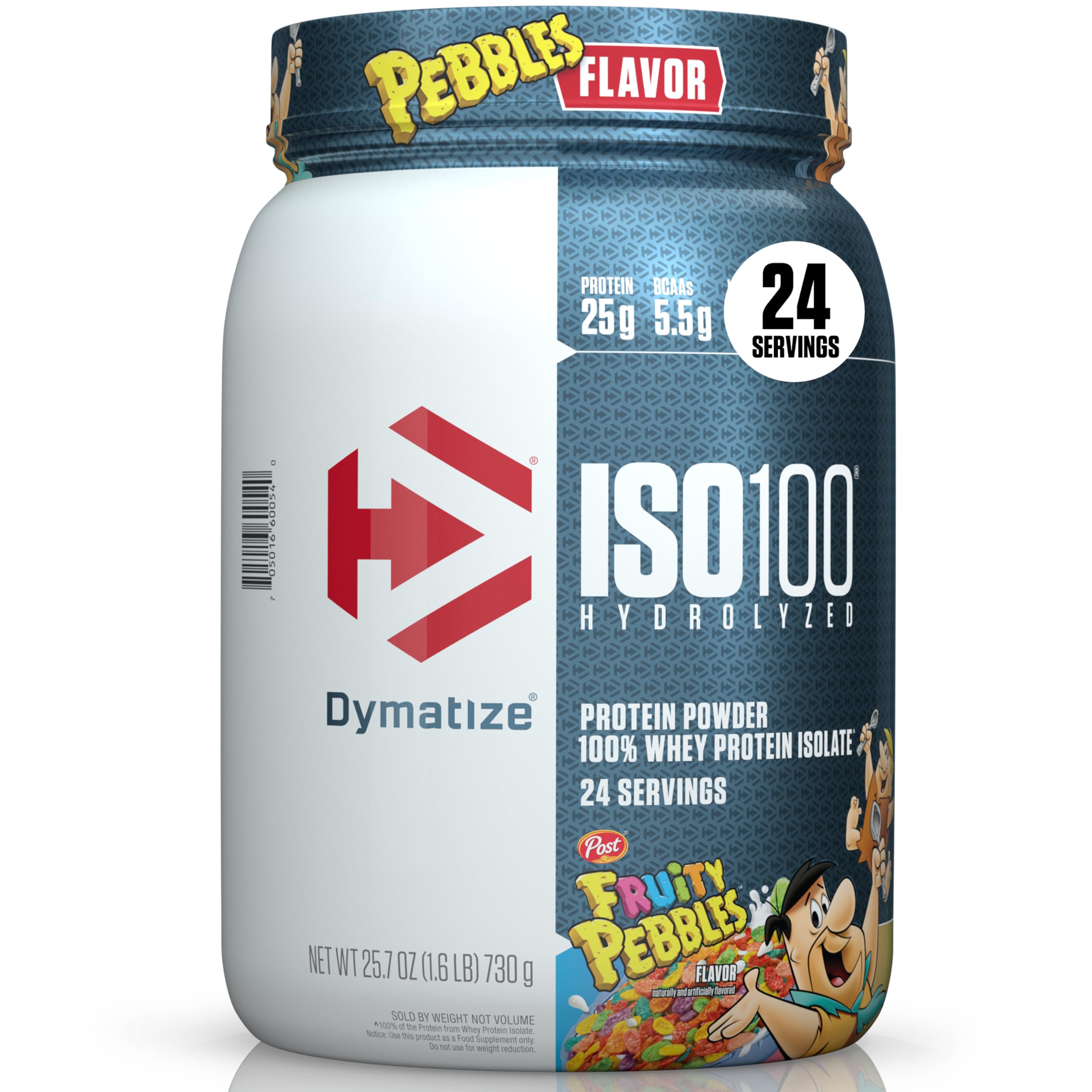 Dymatize envase frontal mostrando sabor Fruity Pebbles y beneficios proteicos