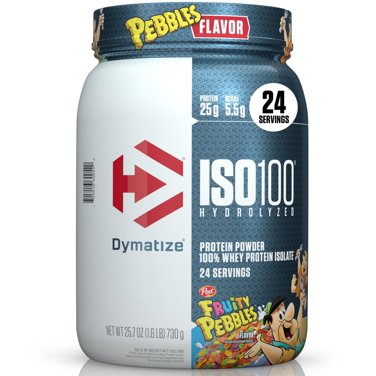 Dymatize envase frontal mostrando sabor Fruity Pebbles y beneficios proteicos
