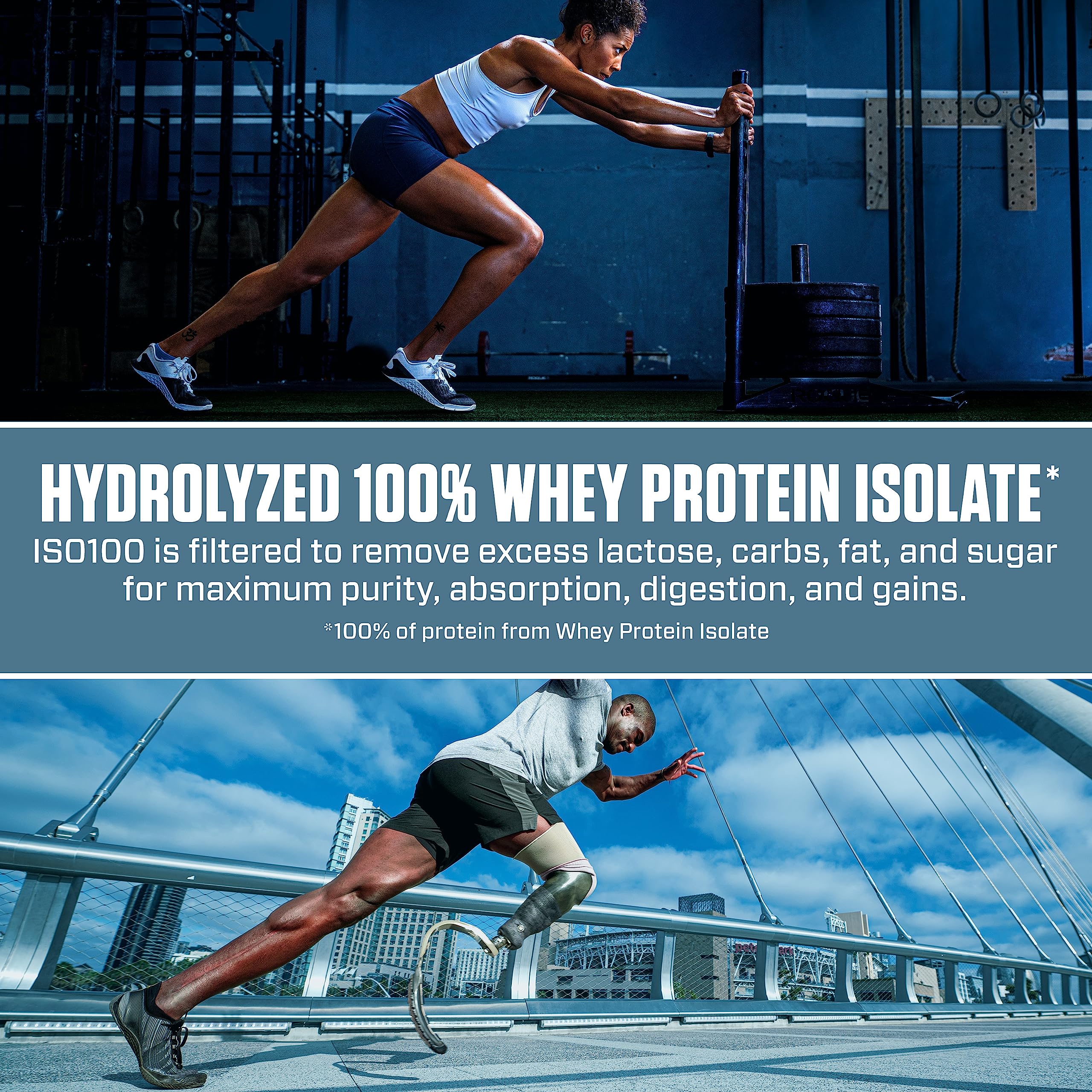 Dymatize ISO100 cuchara medida con polvo, permite control de porciones