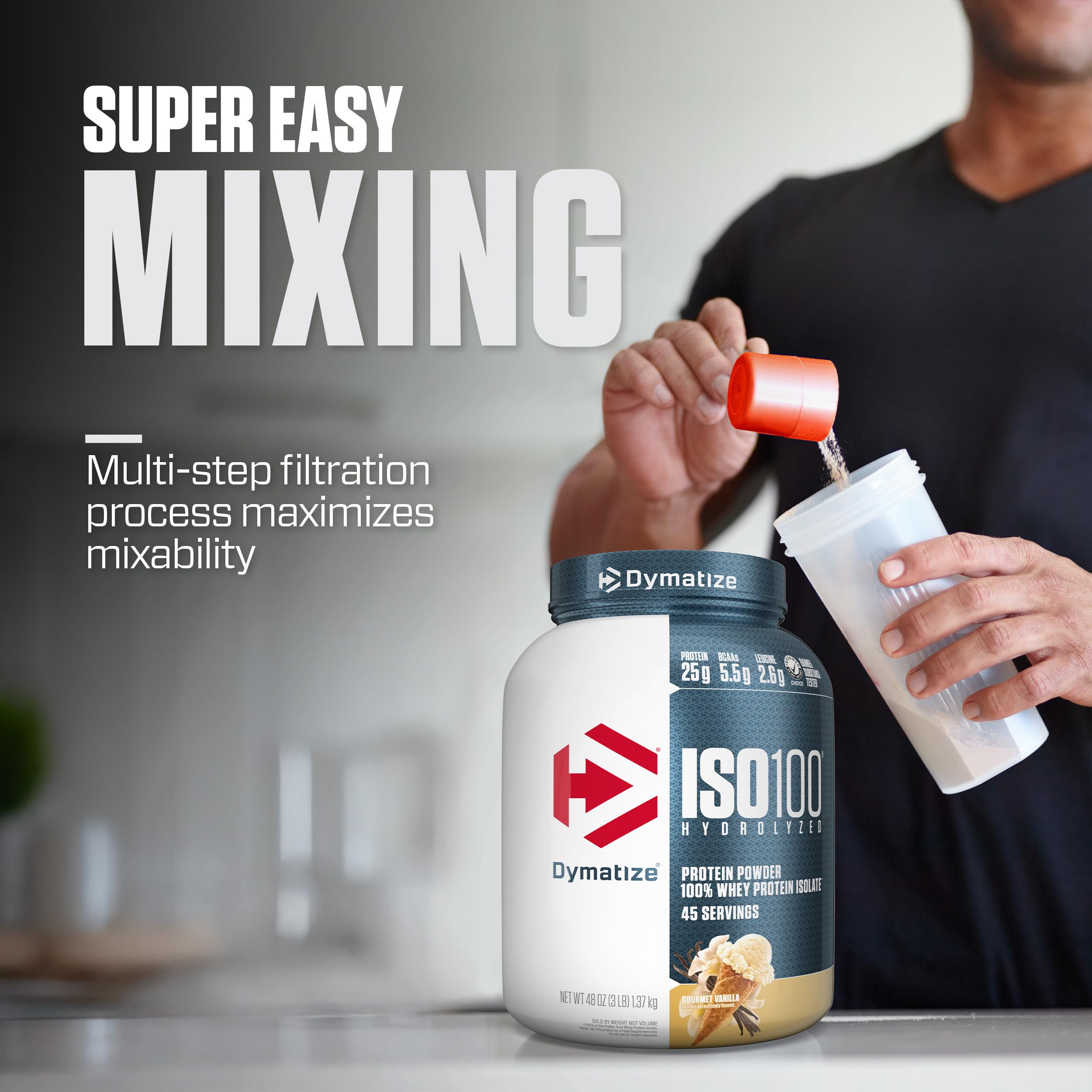 Dymatize cuchara con porción que ilustra 25 g de proteína por servicio