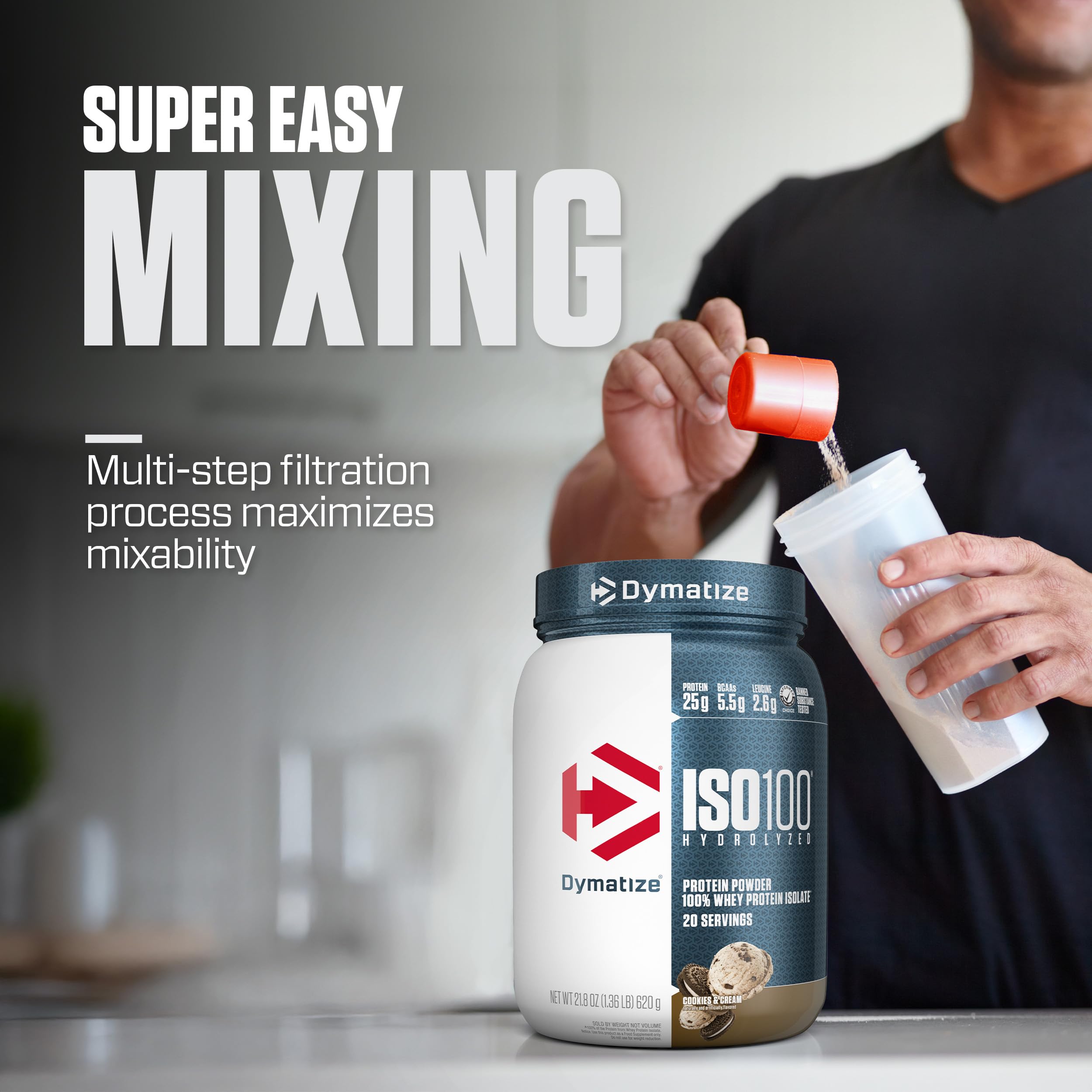 Dymatize ISO100 cuchara con porción para comparar tamaño y controlar ración