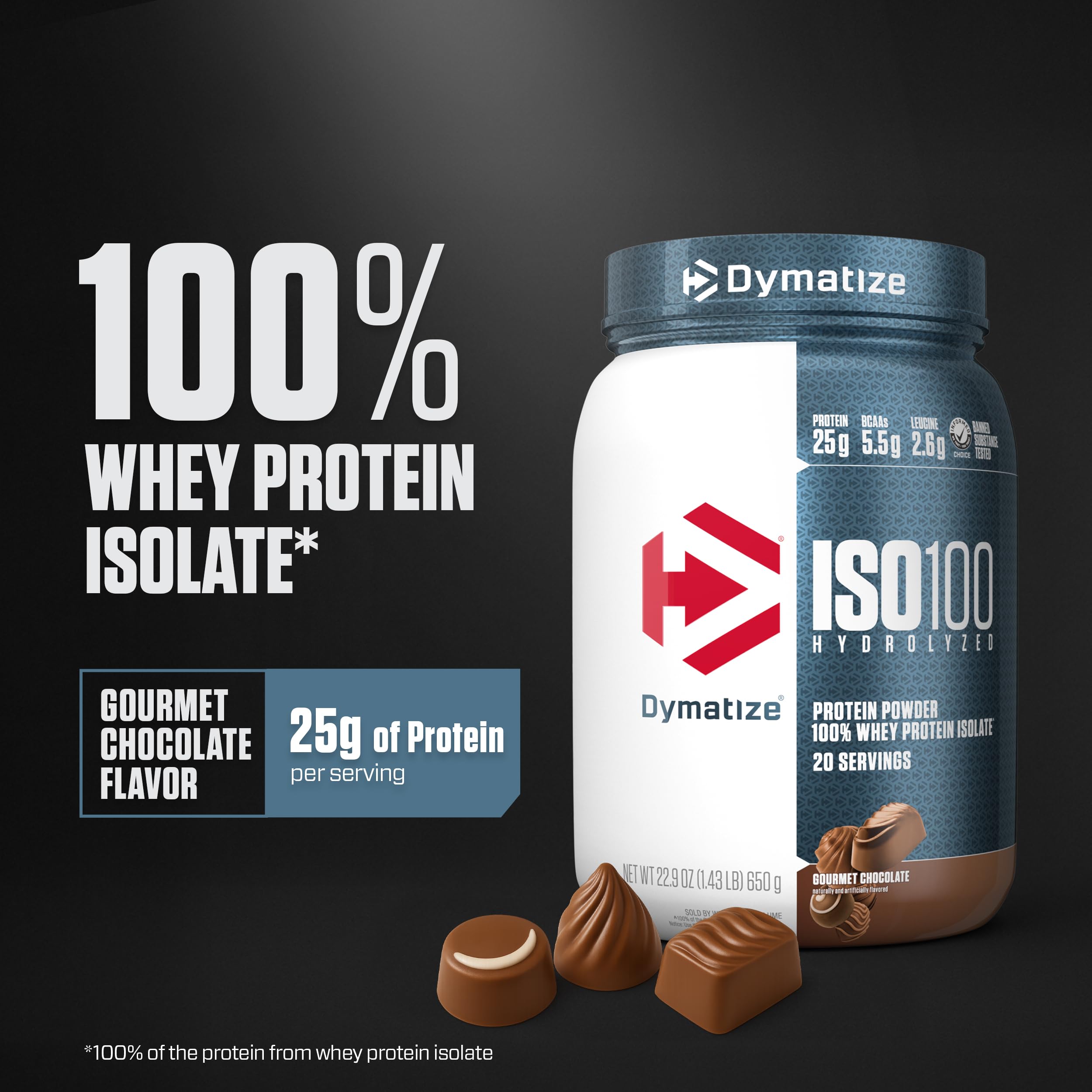 Dymatize ISO100 textura del polvo cercano muestra solubilidad rápida