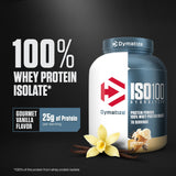 Dymatize ISO100 polvo en primer plano con textura fina y fácil disolución
