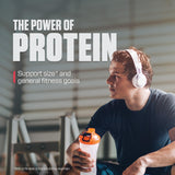 Dymatize cazo medido mostrando 25 g de proteína por servicio