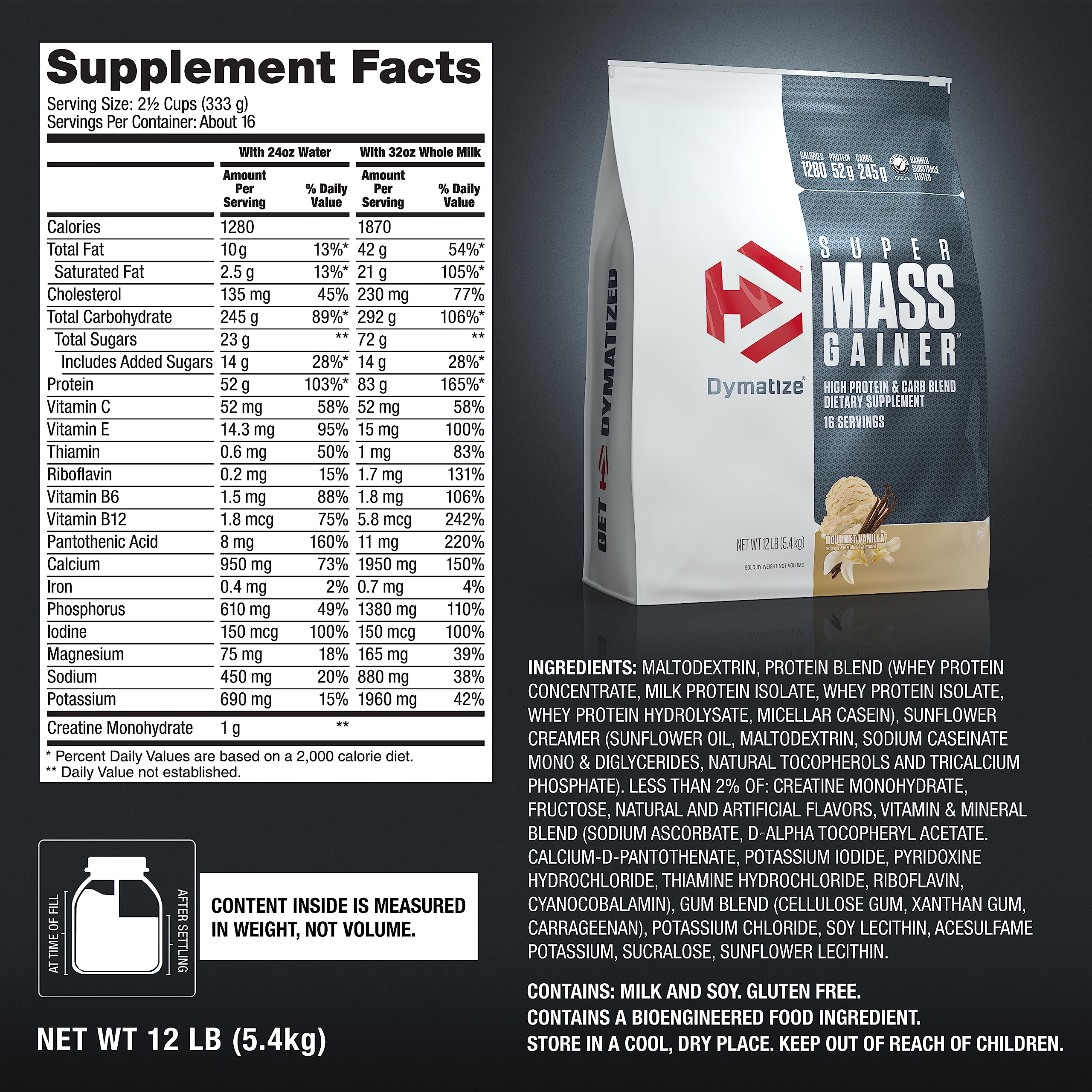 Dymatize etiqueta nutricional con información de 52 g proteína y 1280 kcal