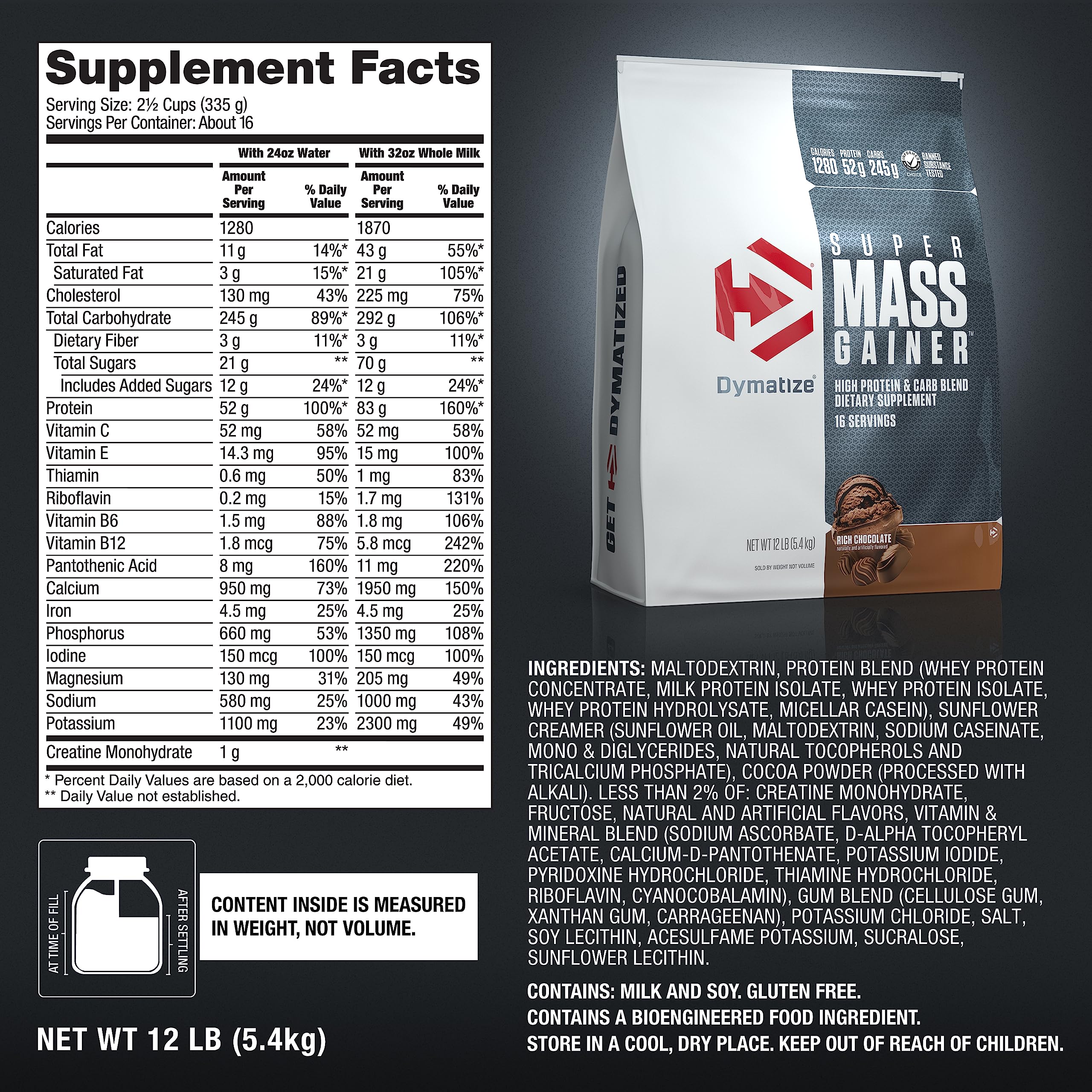 Dymatize etiqueta nutricional del producto con información de calorías y proteínas