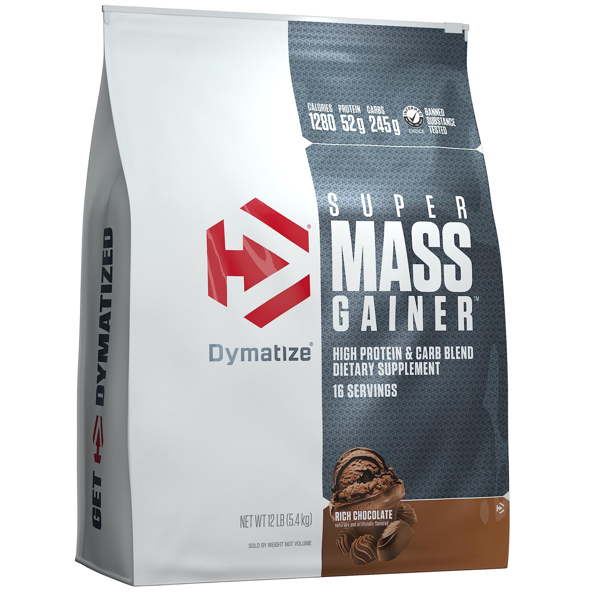 Dymatize envase frontal de Super Mass Gainer mostrando sabor chocolate y beneficio calórico