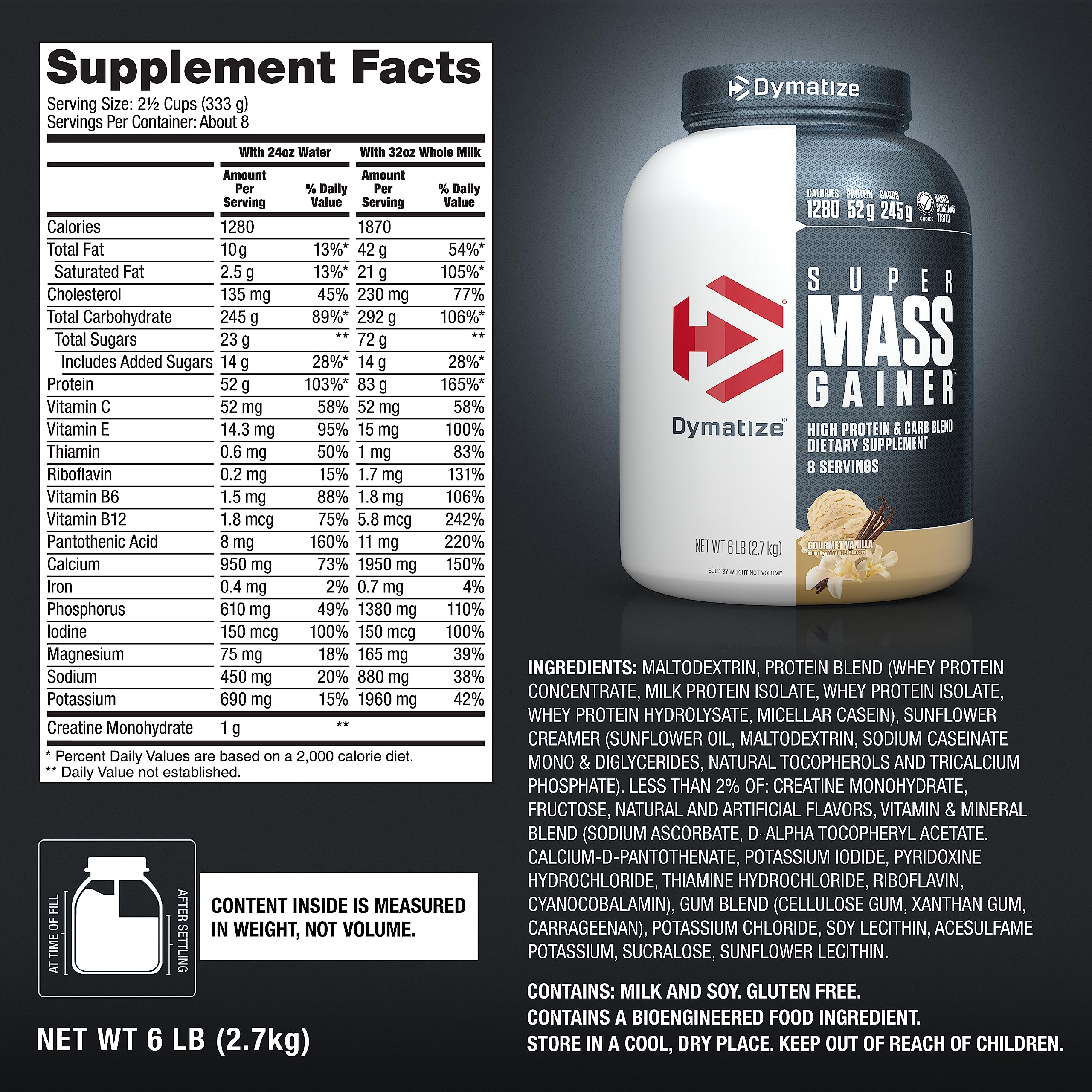 Dymatize etiqueta nutricional en detalle mostrando macros por servicio