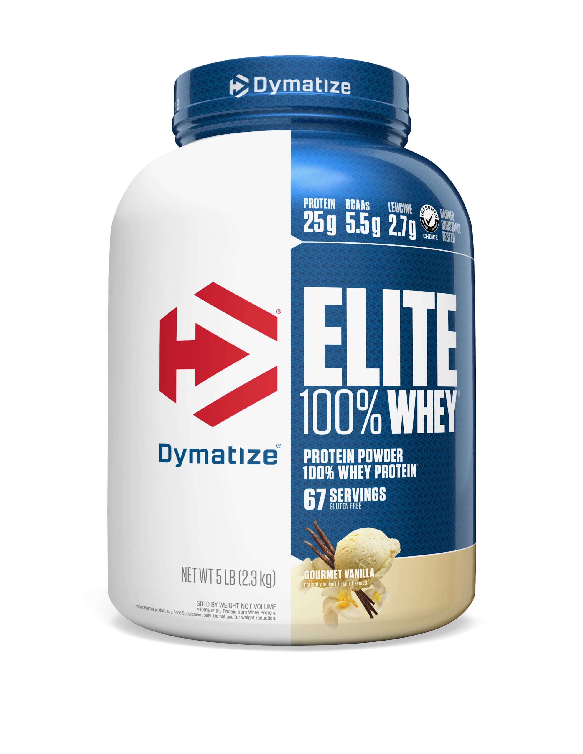 Dymatize tarro al frente mostrando vainilla y ventaja de proteína rápida