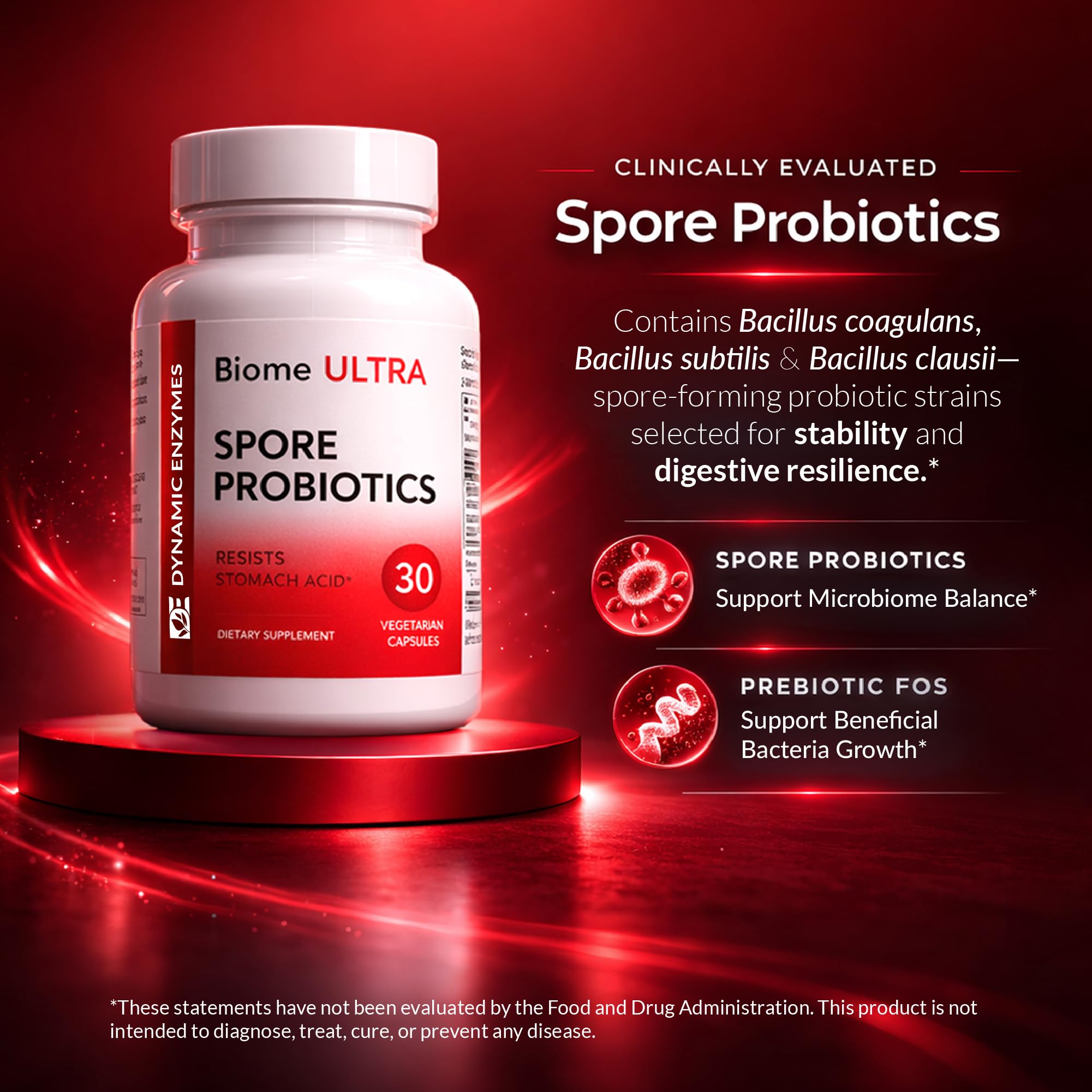 Etiqueta con lista de cepas Bacillus en Biome Ultra indicando transparencia Dynamic Enzymes