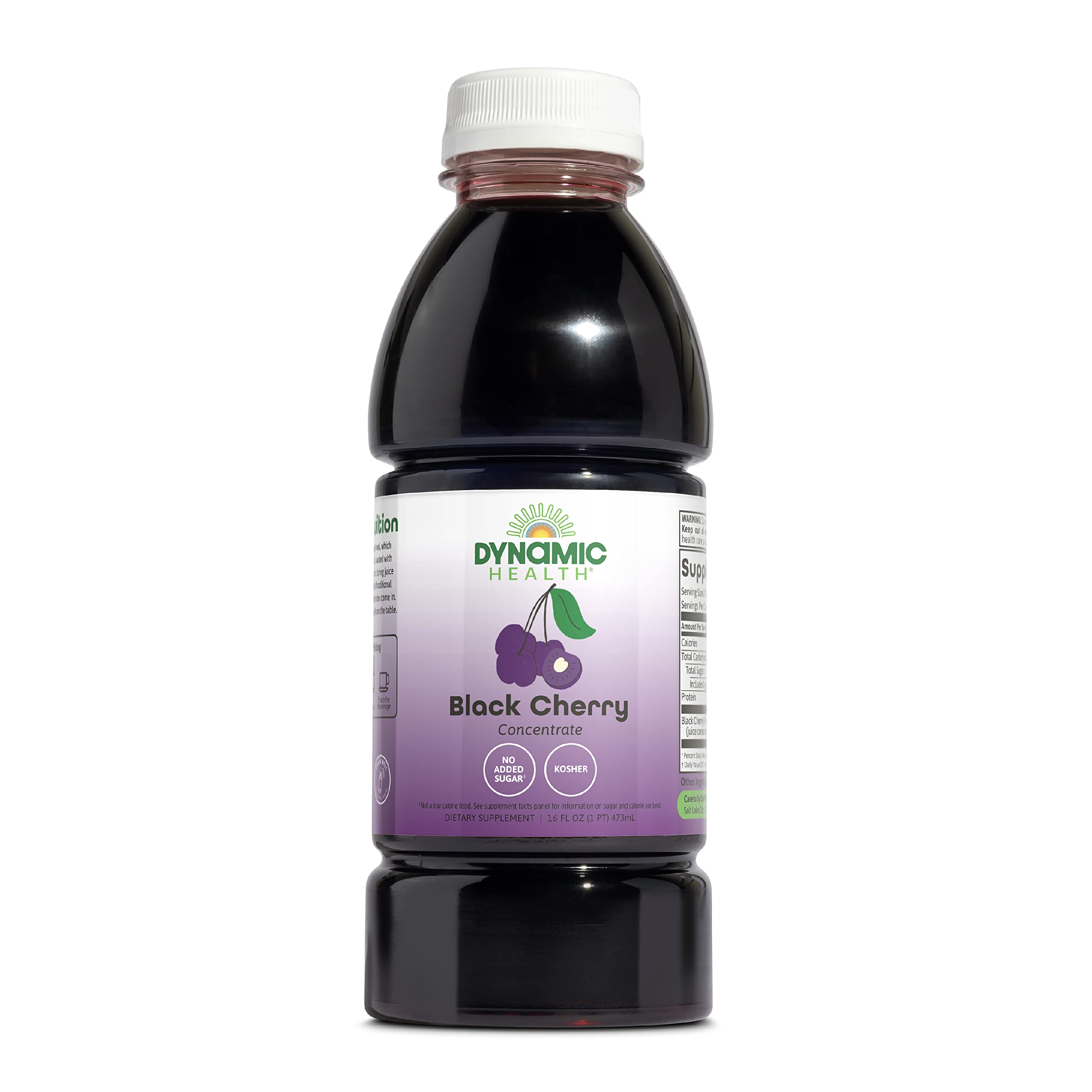 Dynamic Health botella frontal de concentrado de cereza negra muestra etiqueta y tamaño