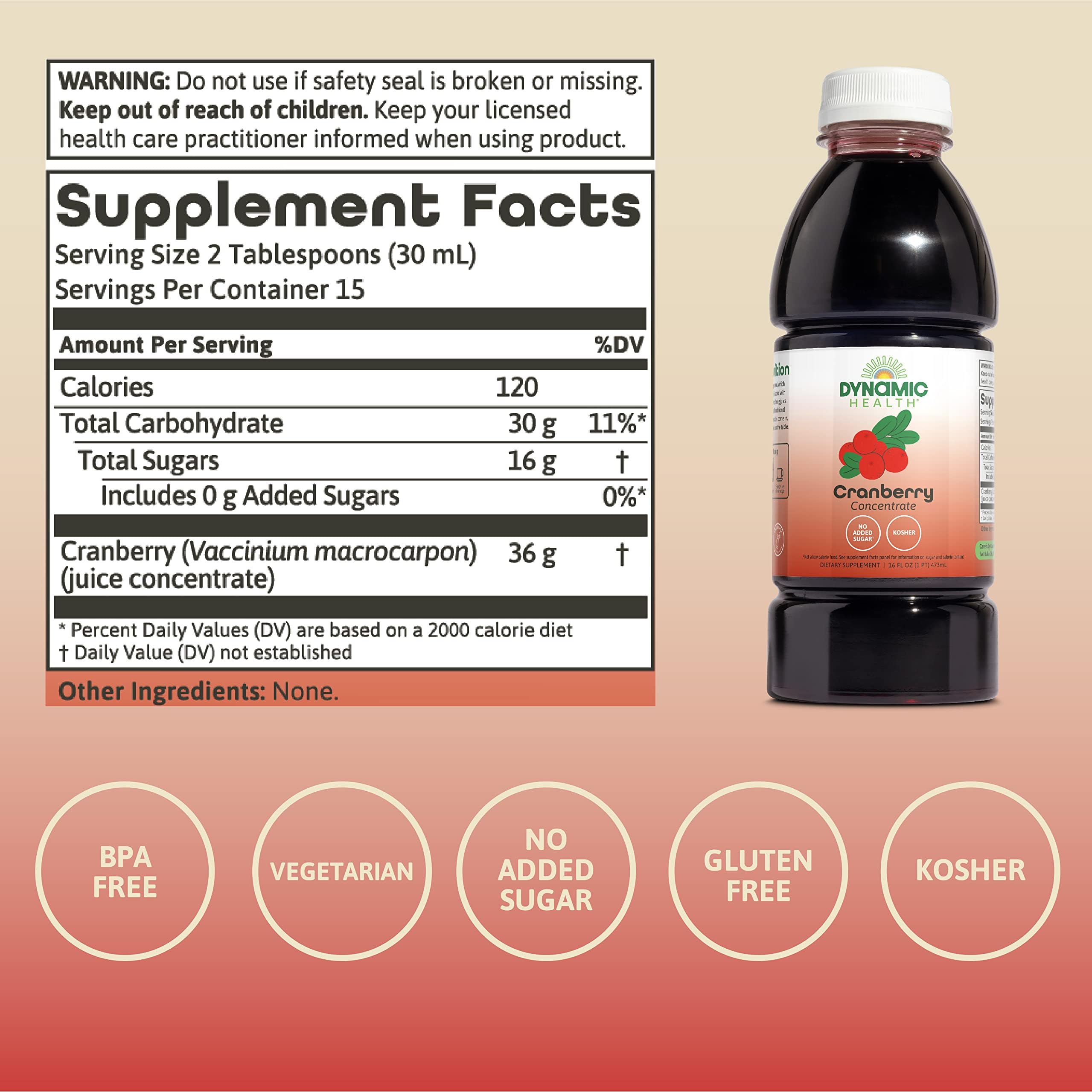 Dynamic Health primer plano de la etiqueta con lista de ingredientes y certificaciones