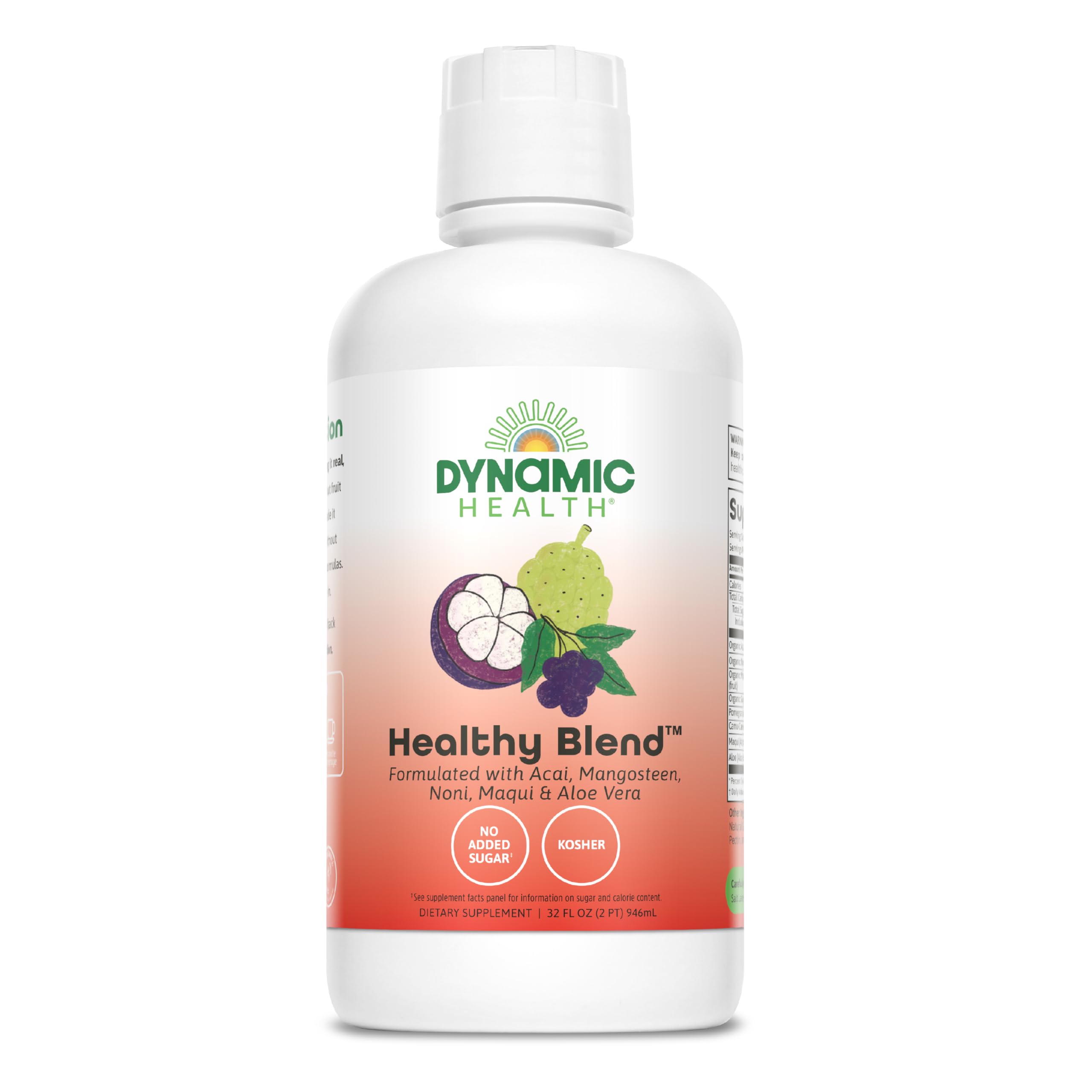 Dynamic Health frontal del envase mostrando la botella y sellos de calidad