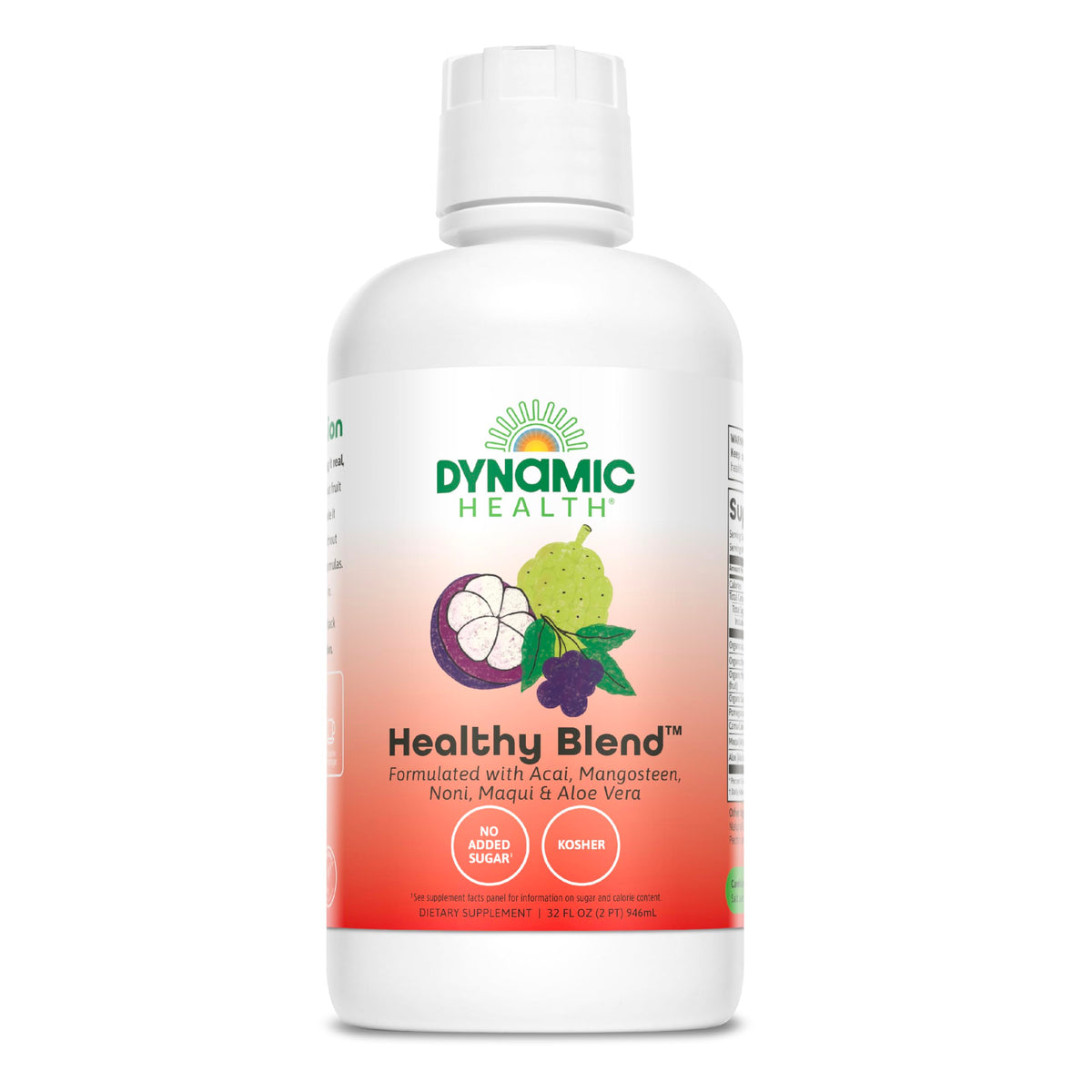 Dynamic Health frontal del envase mostrando la botella y sellos de calidad