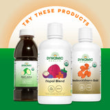 Dynamic Health botella junto a fruta para comparar tamaño y porción clara
