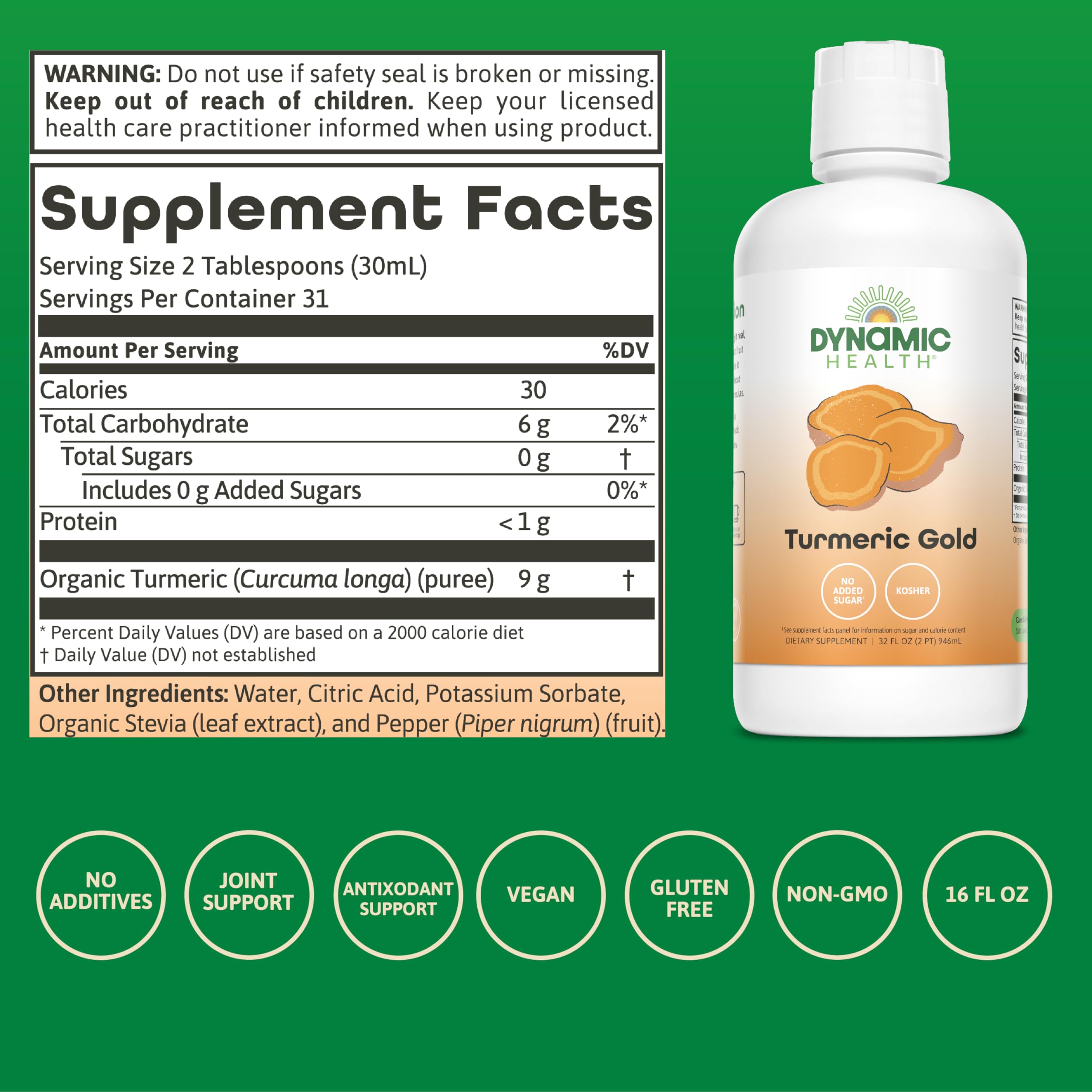 Dynamic Health vaso servido con Turmeric Gold, muestra preparación rápida y práctica