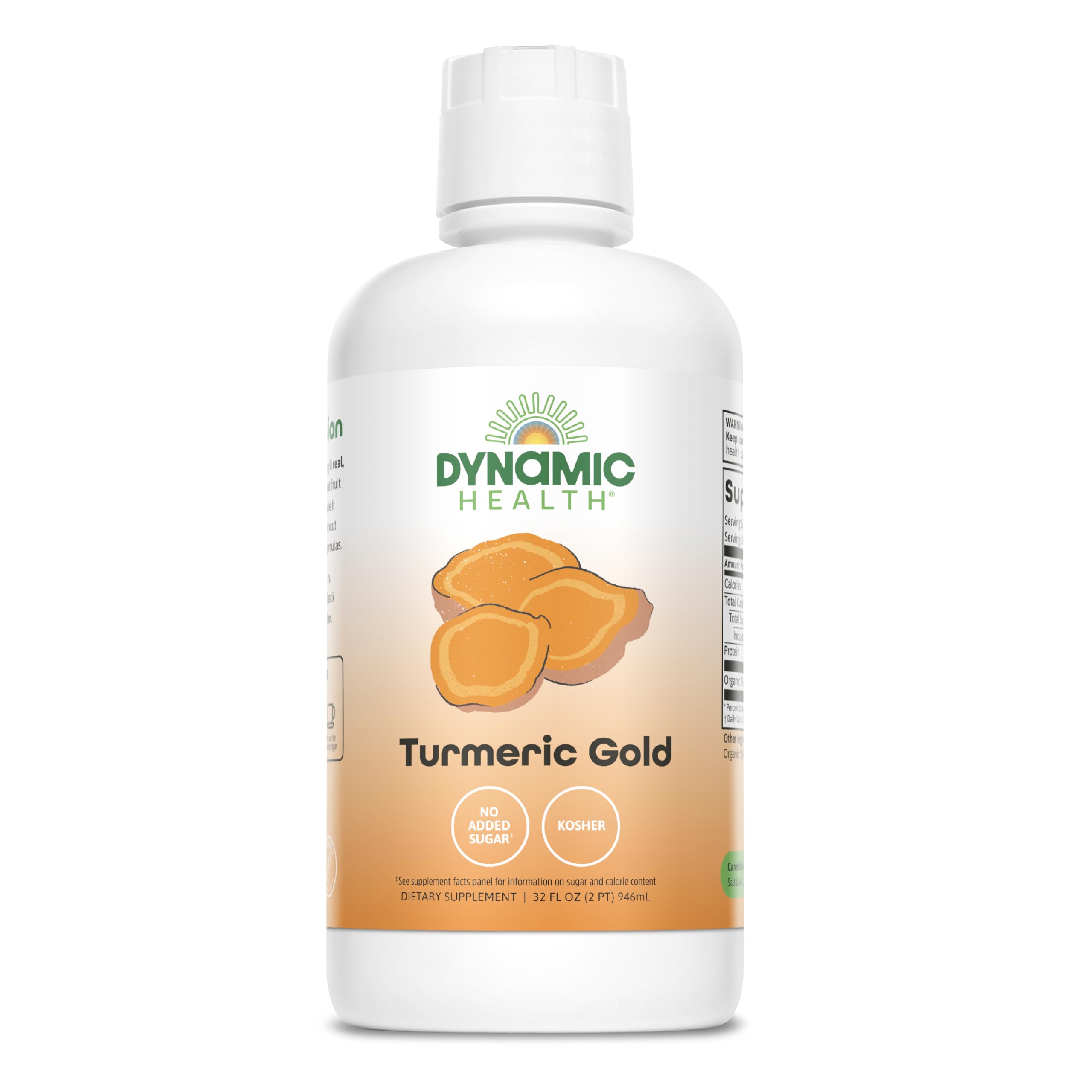 Dynamic Health botella frontal mostrando jugo de cúrcuma, ideal para integración diaria