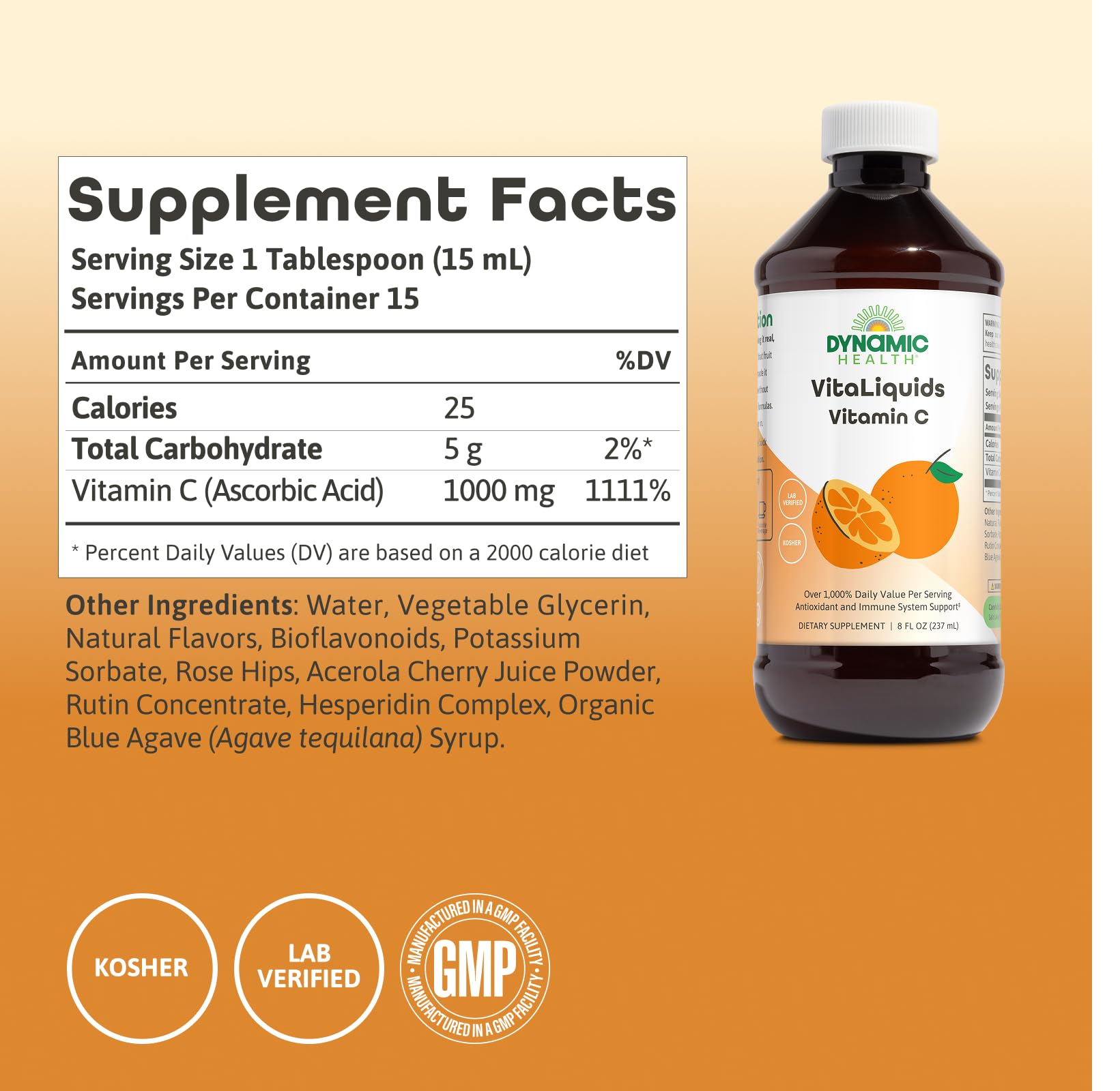 Dynamic Health etiqueta en primer plano con lista de ingredientes y procedencia